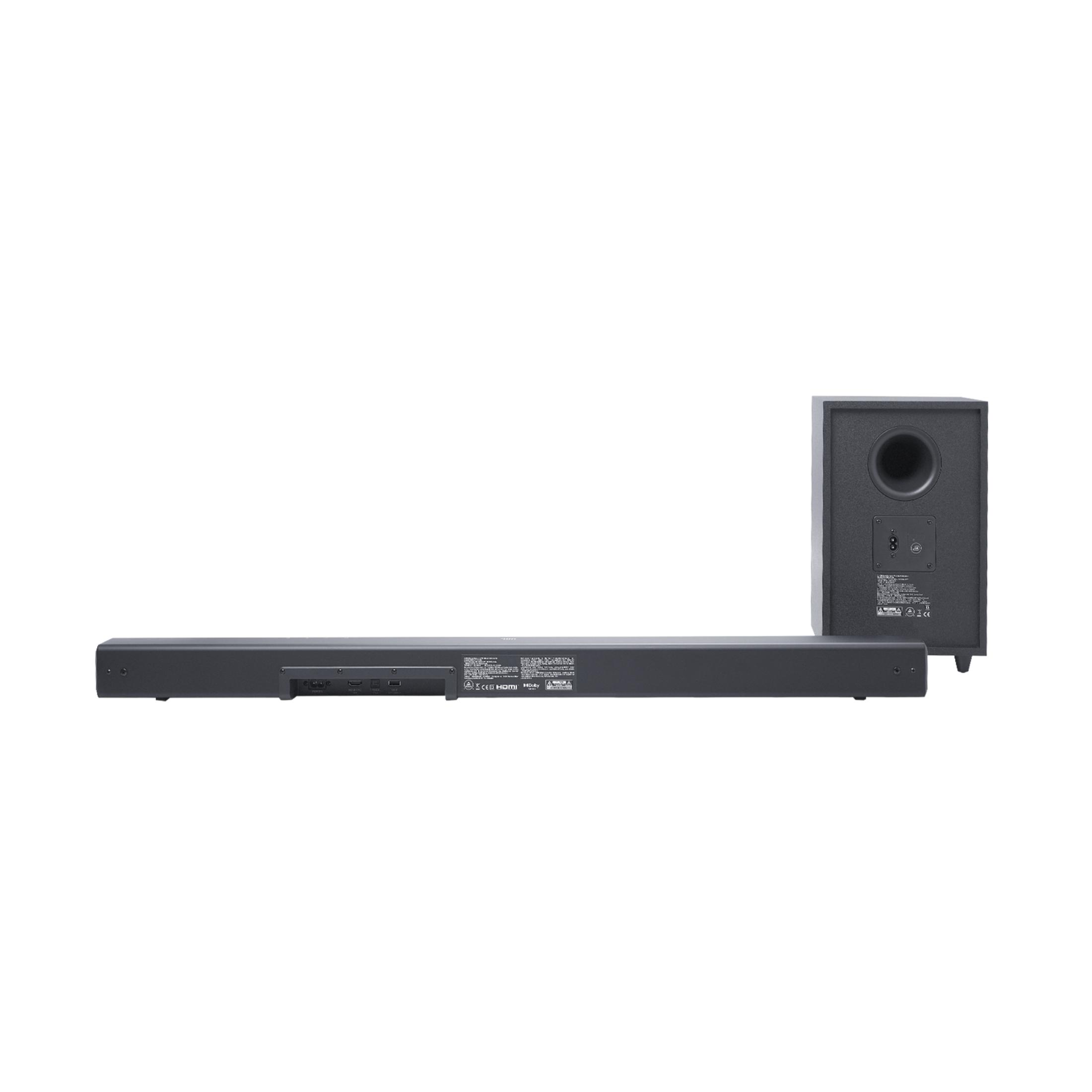 Schwarze Soundbar mit Subwoofer, Rückseite mit Anschlüssen und Etiketten.