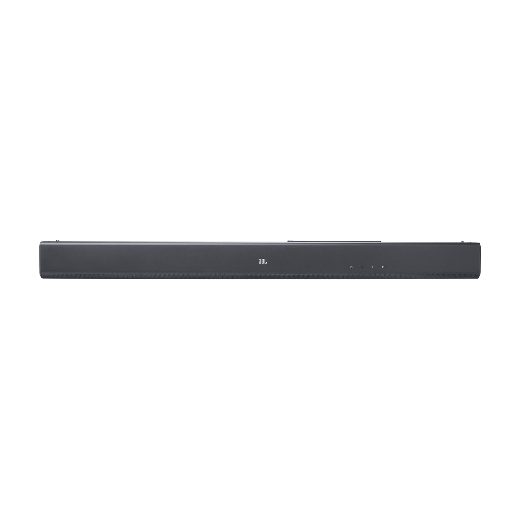 Eine schlanke, graue JBL Soundbar mit Bedienelementen und Logo.