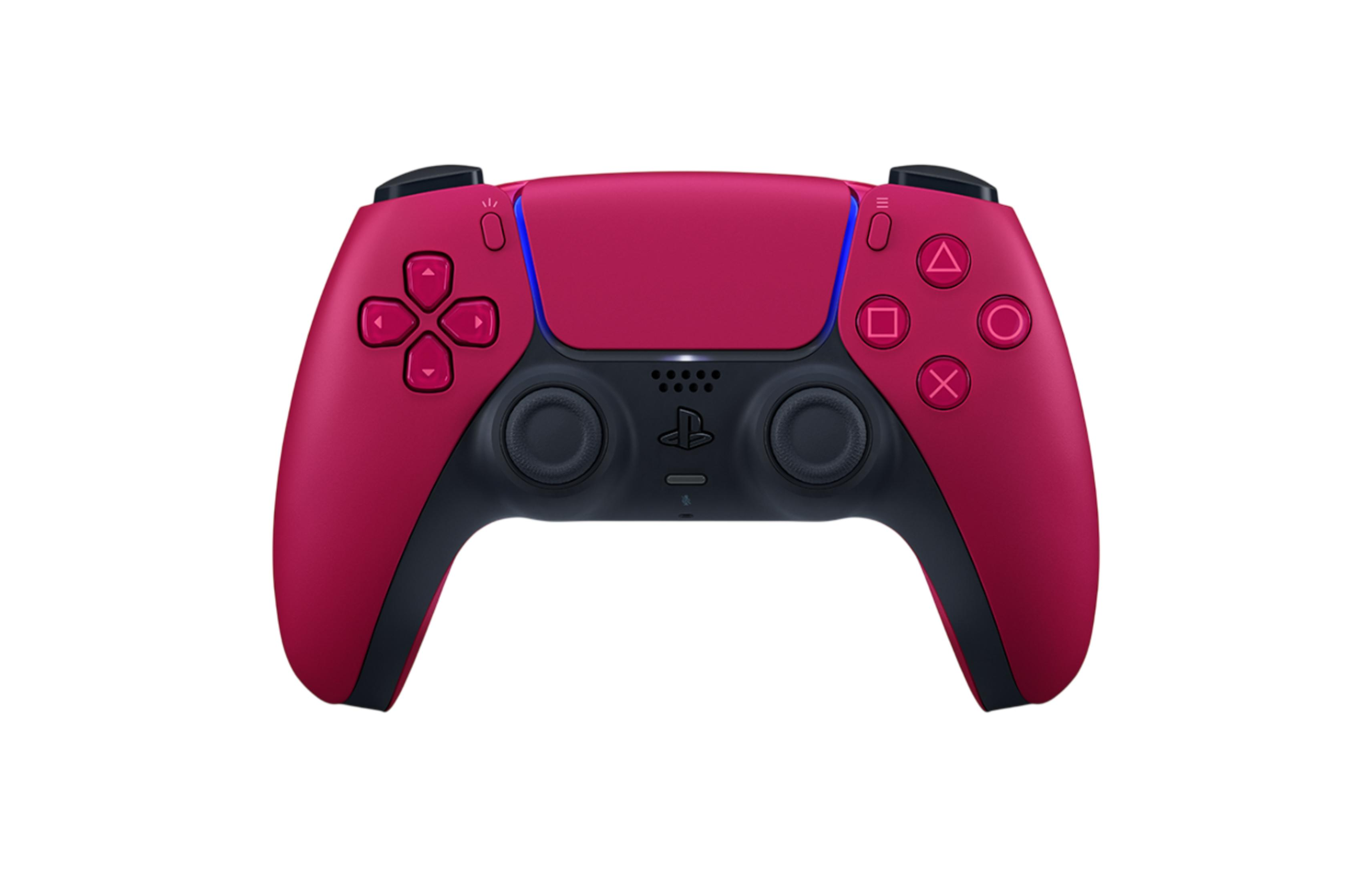 Un controller DualSense rosso PlayStation 5 con accenti neri.