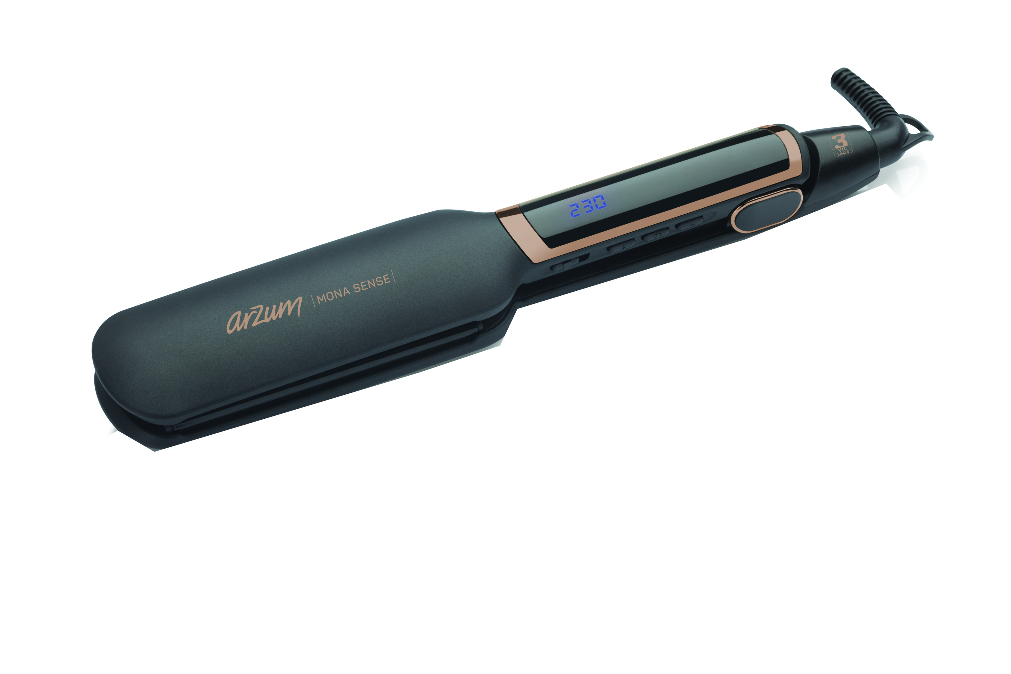 Una piastra per capelli Arzum Mona Sense nera con display digitale e accenti oro rosa.