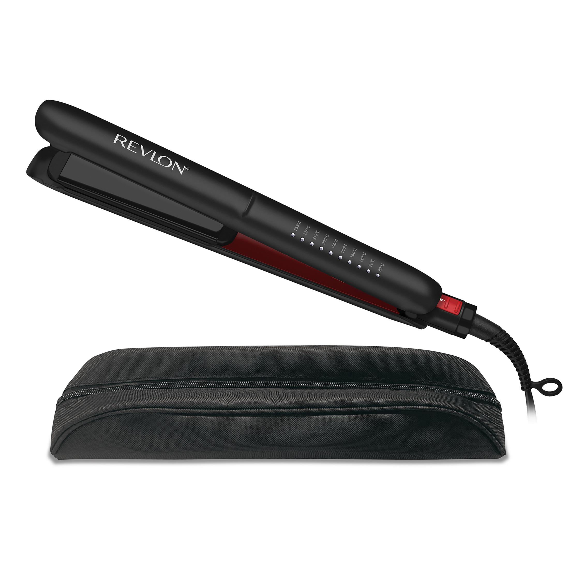 Schwarzer Revlon Haarglätter mit Temperaturregler und schwarzer Tasche.