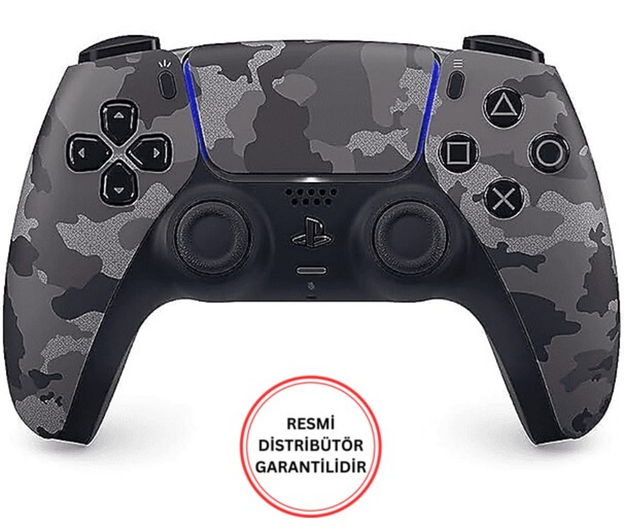 Szary kontroler w kamuflażu z czarnymi przyciskami i niebieskimi akcentami.