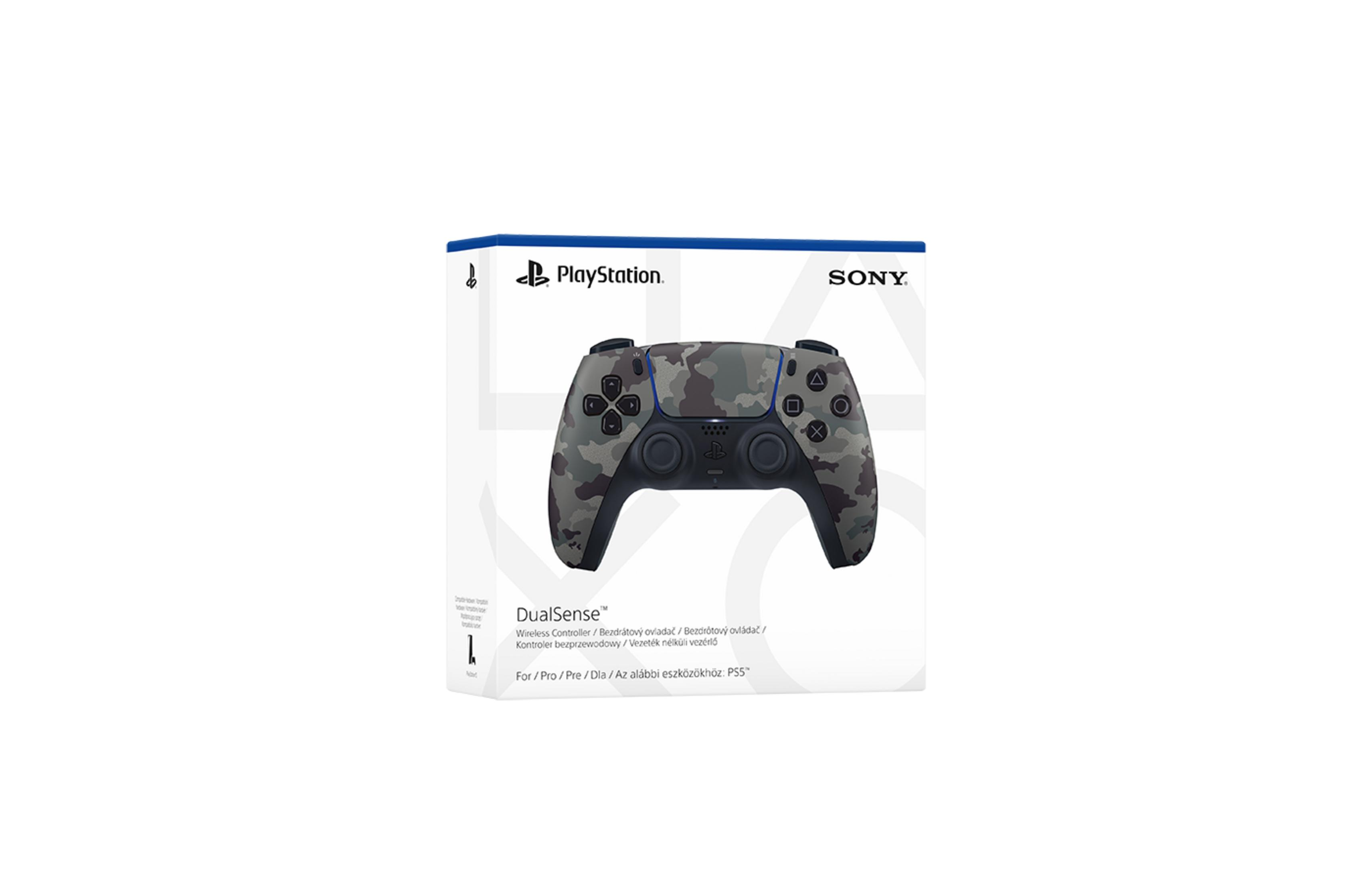 Kontroler PlayStation DualSense w kamuflażu na białym pudełku.