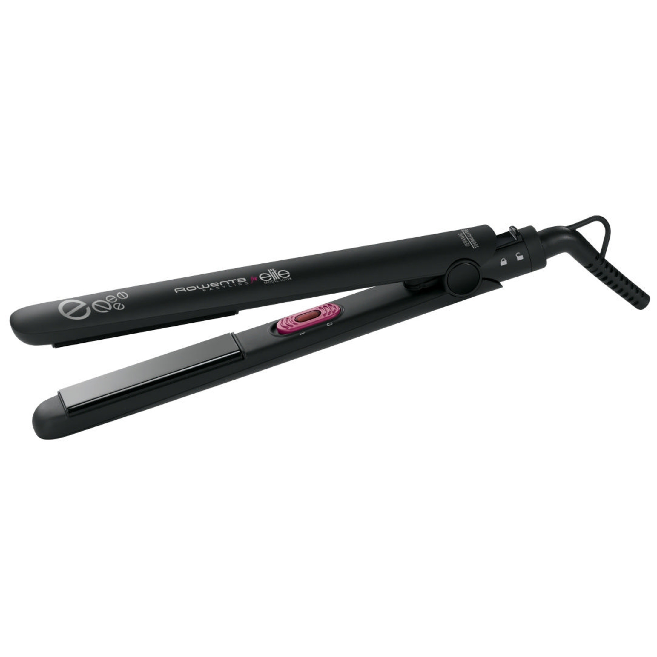 Una piastra per capelli nera con pulsante rosa e logo argento.