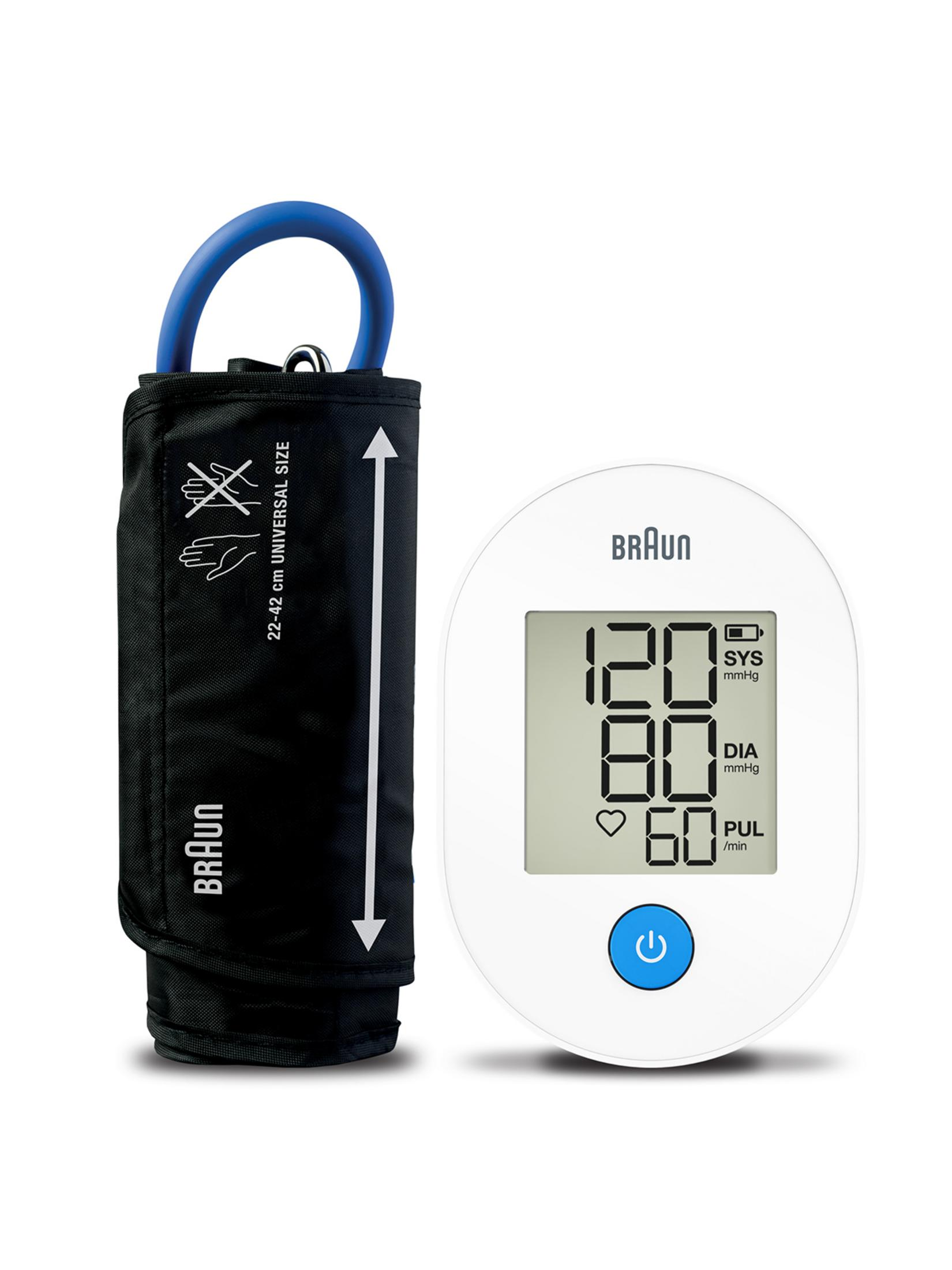 Un misuratore di pressione Braun con bracciale e display digitale. Mostra 120/80/60.