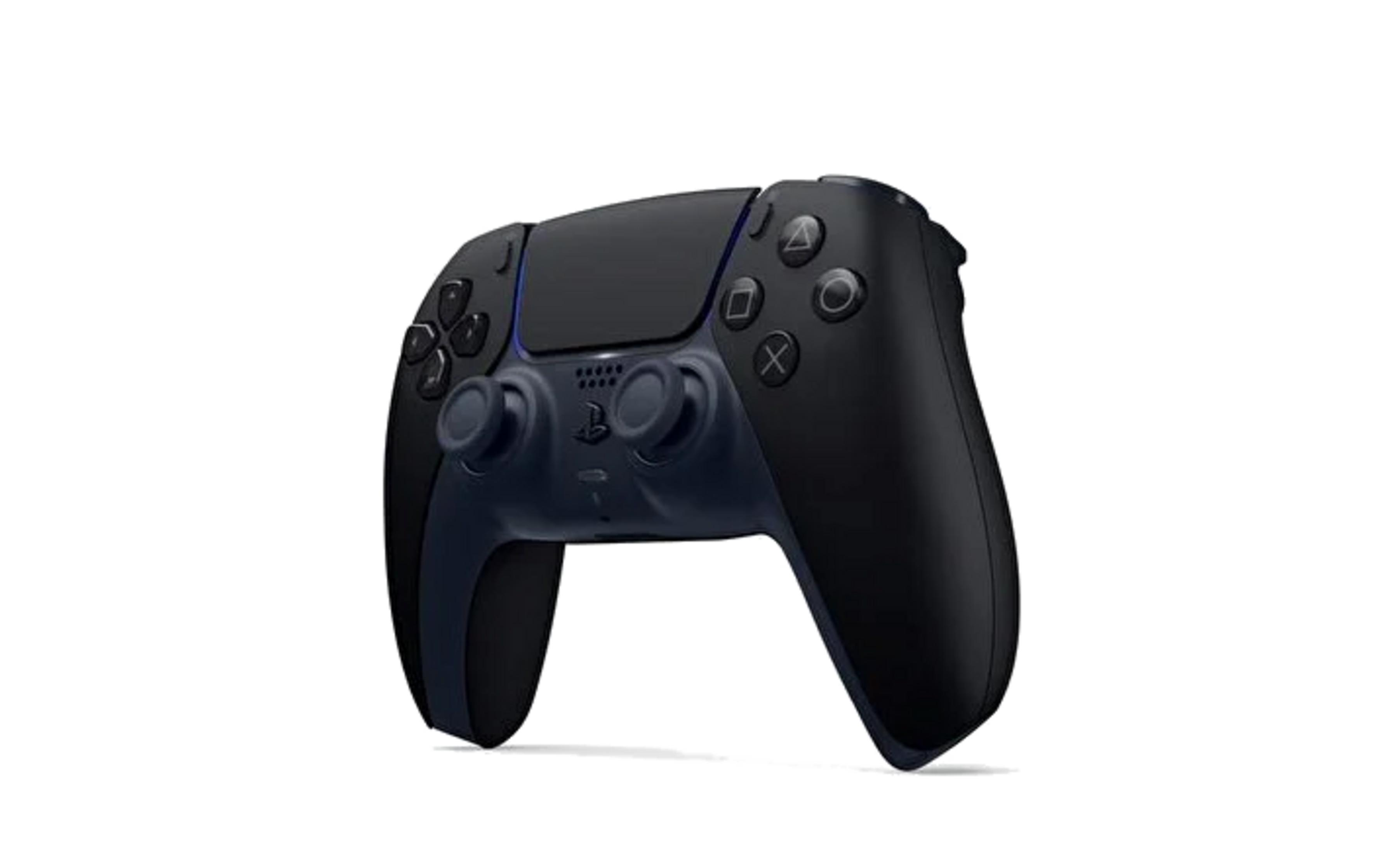 Czarny kontroler do gier z niebieskimi akcentami na białym tle.