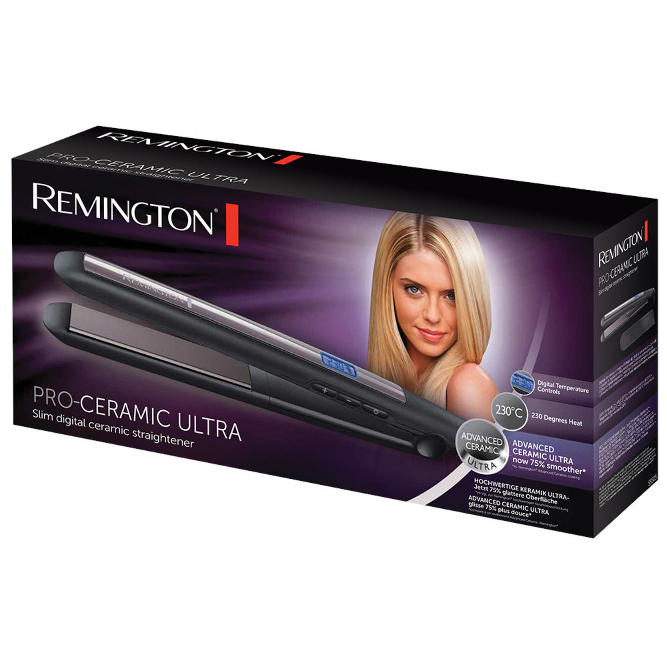 Lisseur Remington Pro-Ceramic Ultra avec contrôle numérique de température sur emballage noir.
