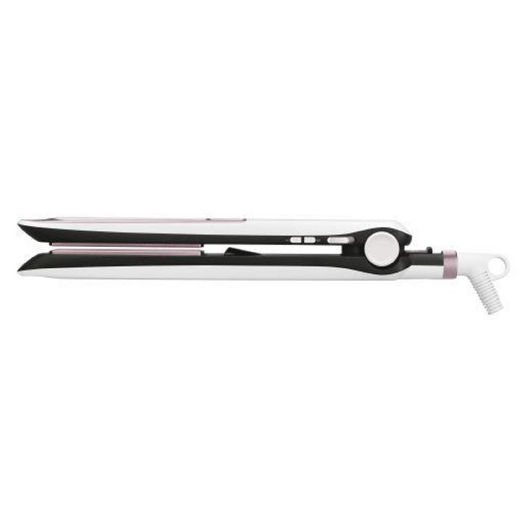 Una piastra per capelli bianca con accenti rosa e cavo nero.