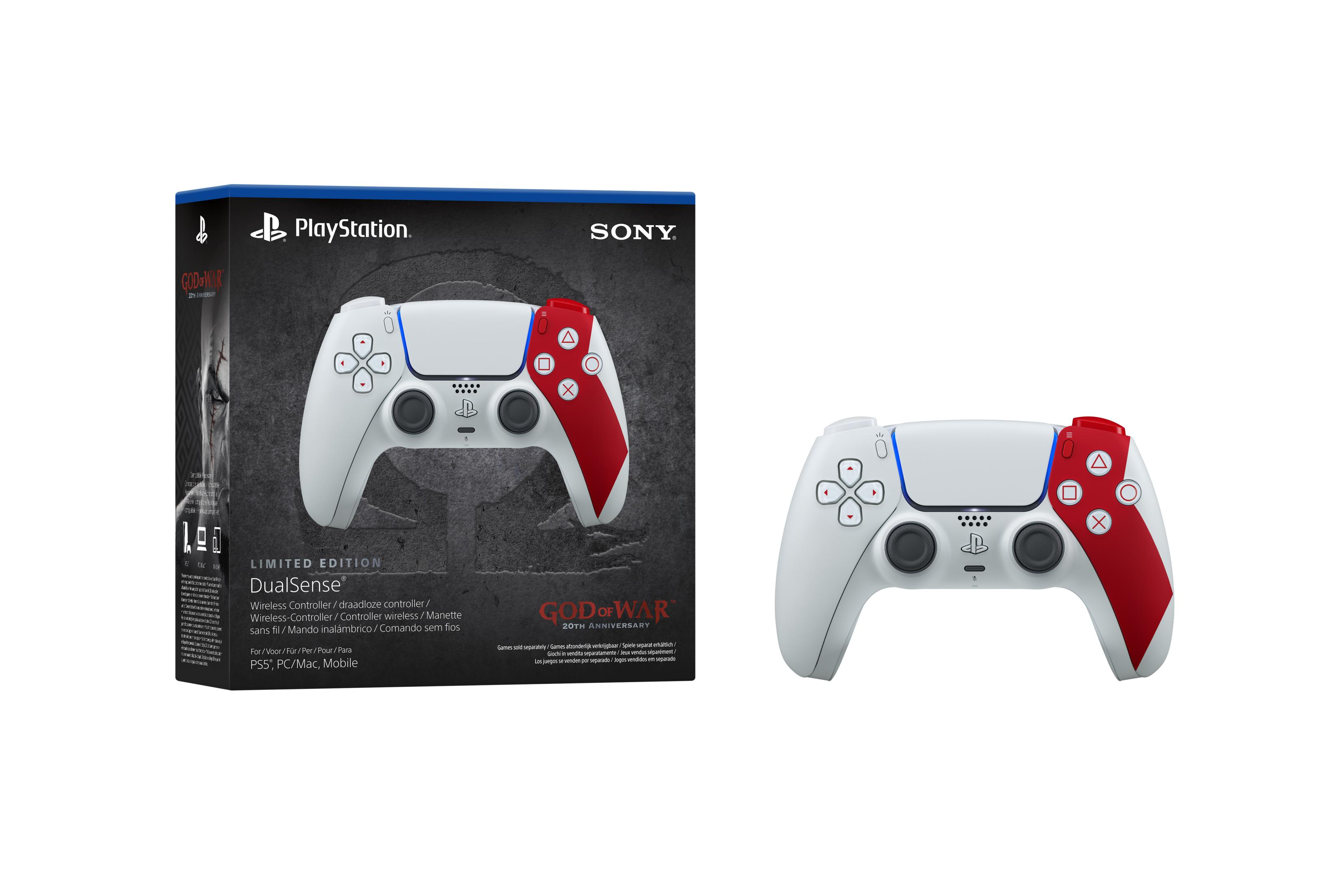 PlayStation DualSense kontrolcü, beyaz ve kırmızı God of War tasarımı.