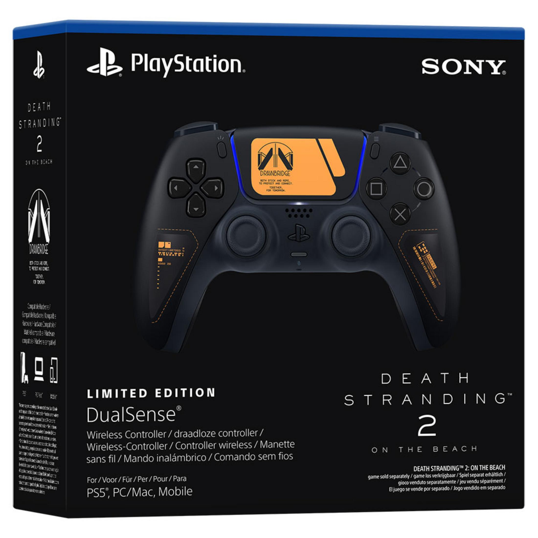 Czarny kontroler PS5 DualSense do Death Stranding 2 z pomarańczowymi akcentami.