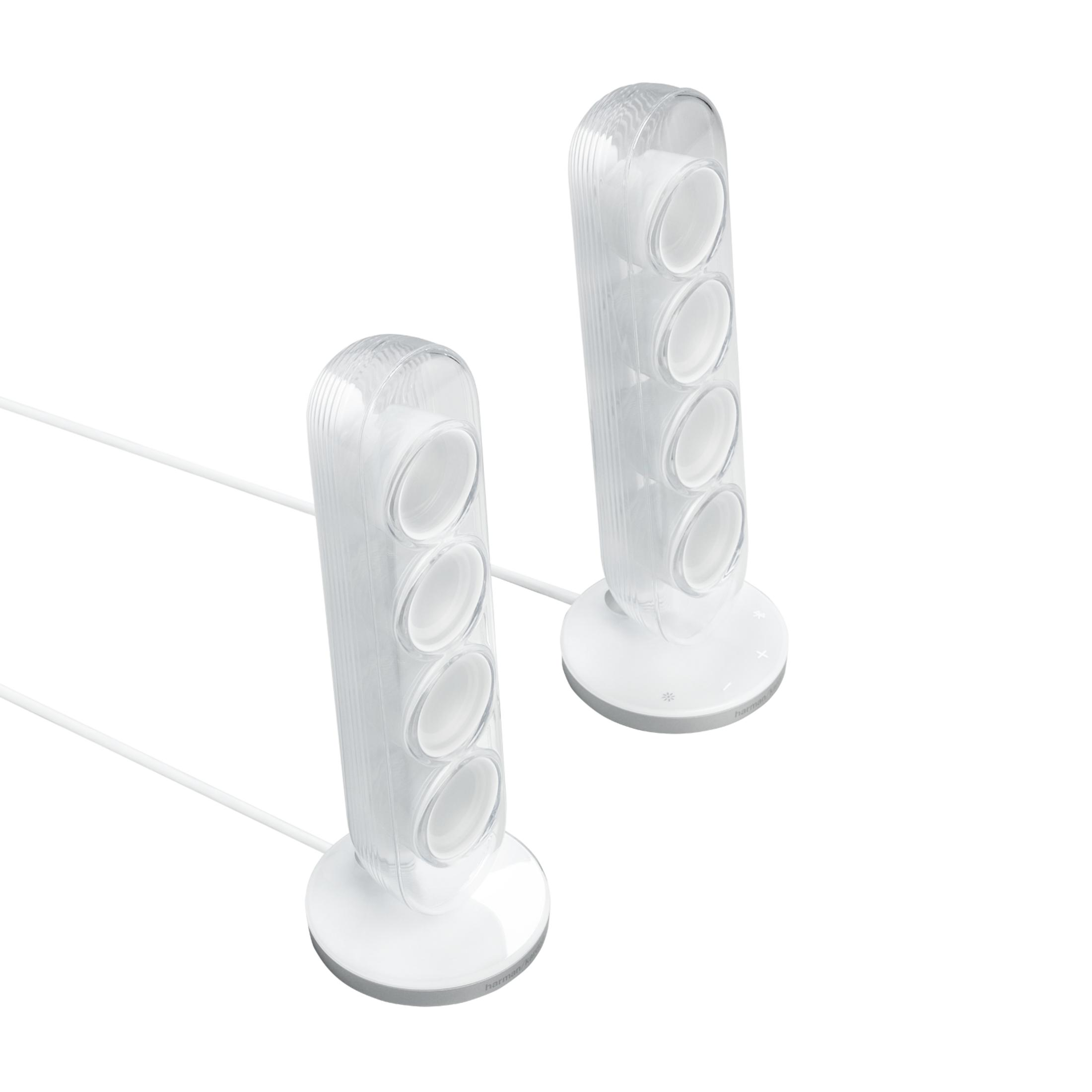 Zwei weiße transparente Lautsprecher auf weißen Sockeln mit Kabeln.