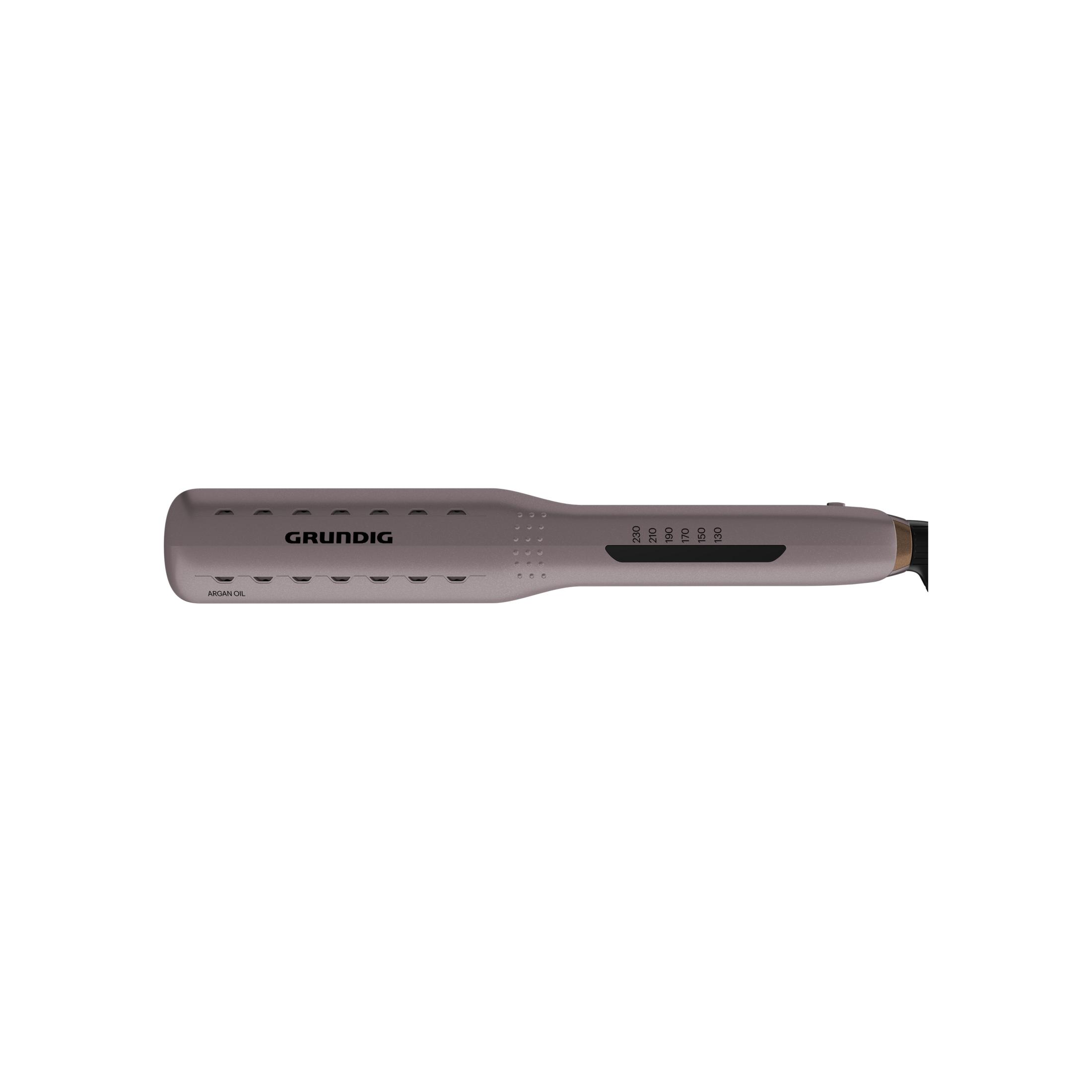 Sıcaklık kontrollü ve havalandırma delikli gri Grundig saç düzleştirici.