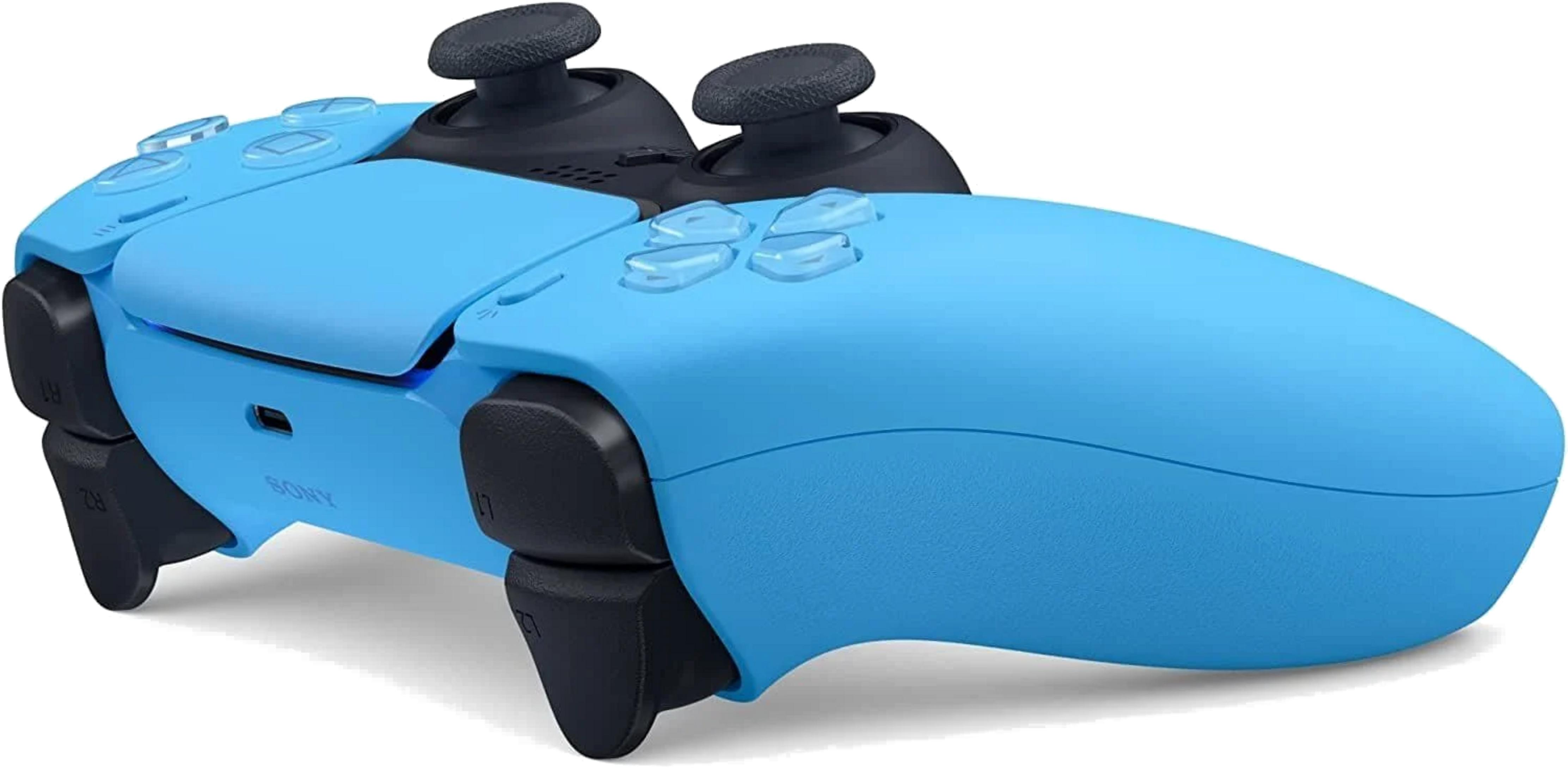 Niebieski kontroler Sony PlayStation 5 leży na białym tle.