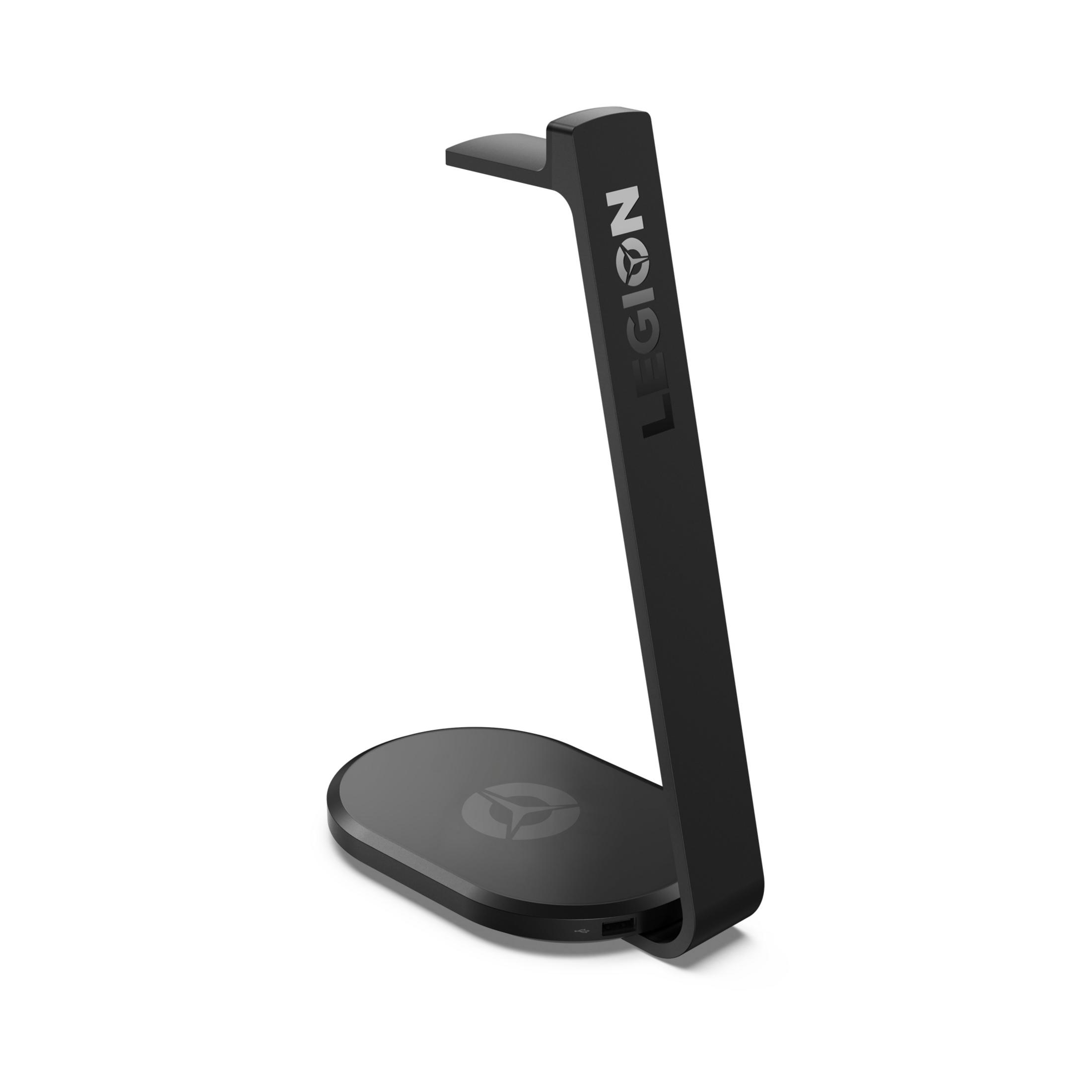 Un soporte negro para auriculares con el logo de Legion.