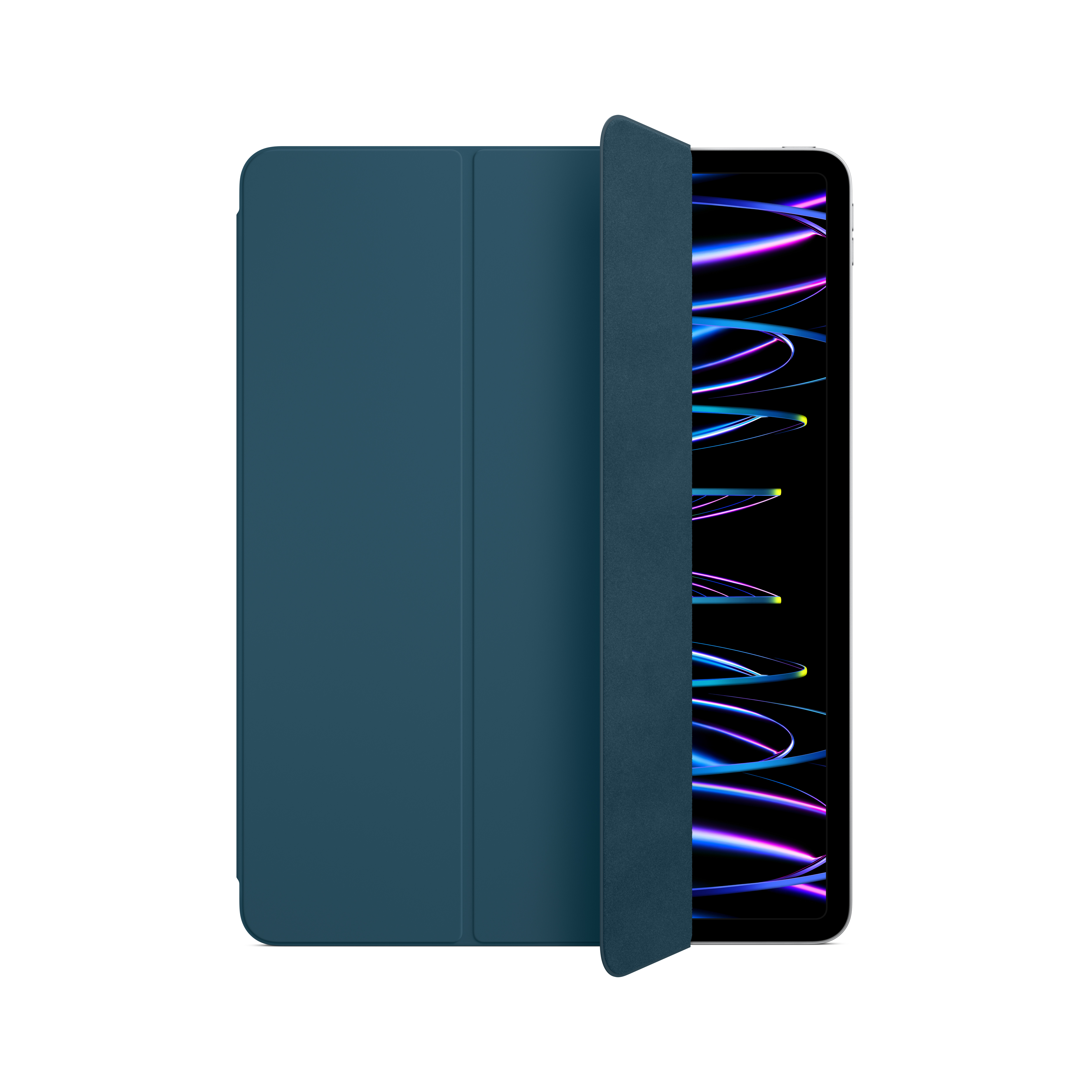Un étui bleu pour tablette ouvert, révélant une tablette à écran abstrait coloré.