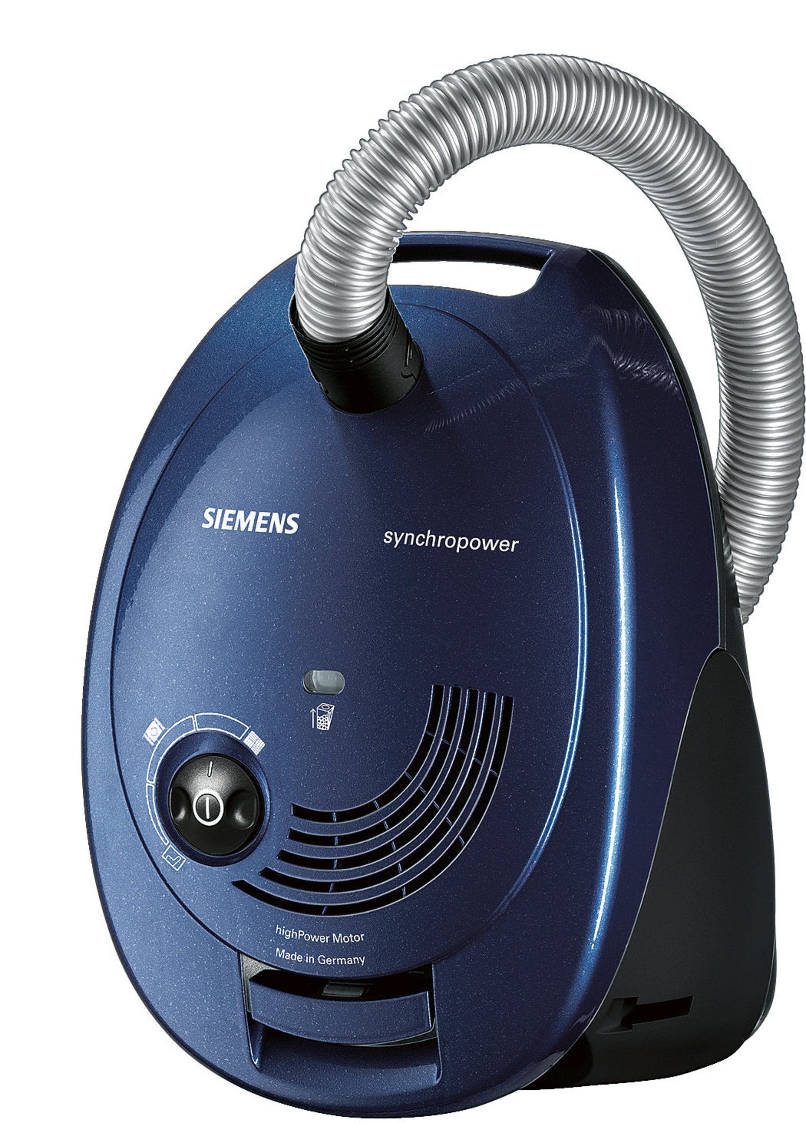 Gümüş hortumlu mavi bir Siemens Synchropower elektrikli süpürge.