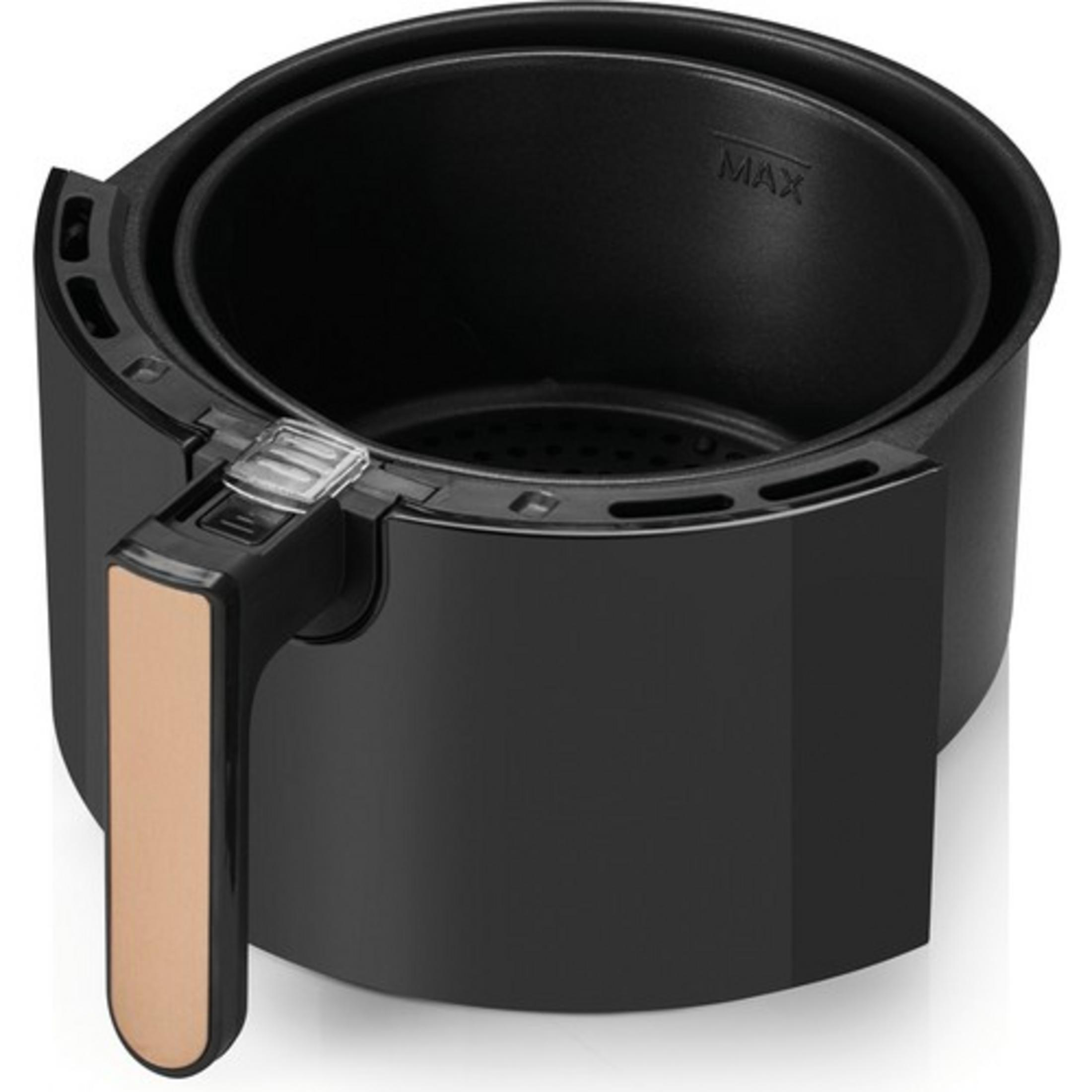 Schwarzer Airfryer mit goldenem Griff und MAX-Markierung.