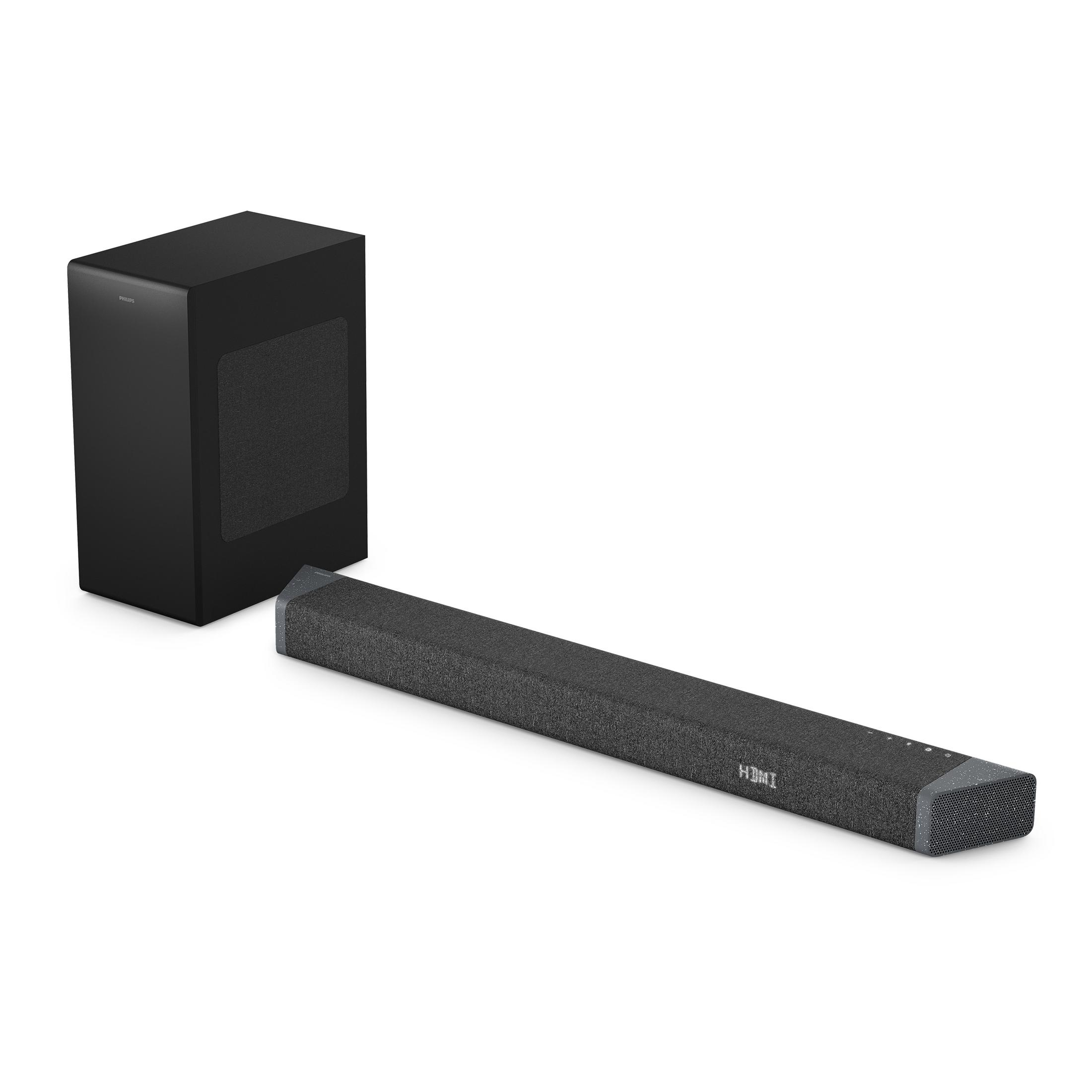 Czarny subwoofer i szara soundbar z logo HDMI.