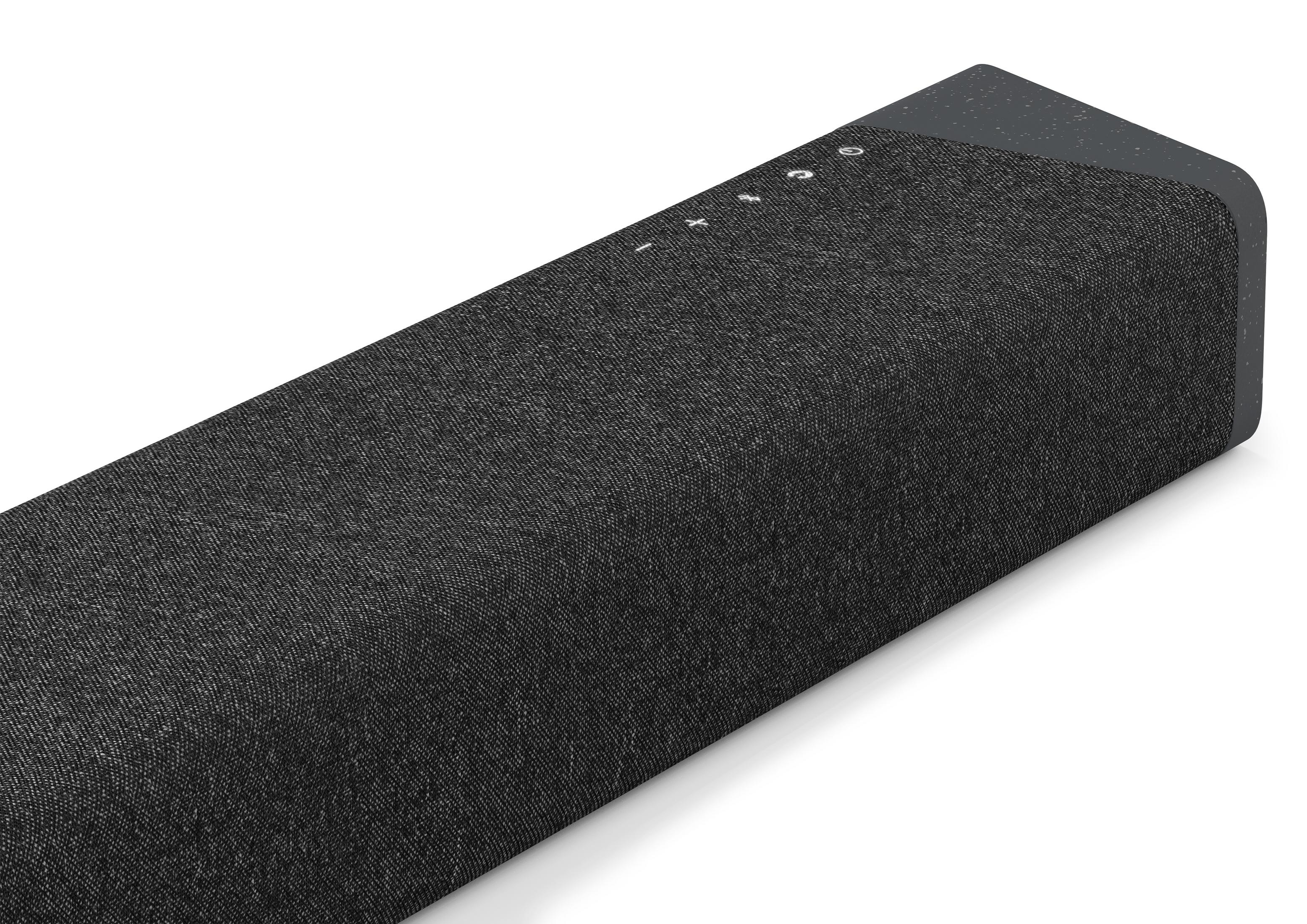 Czarny soundbar z szarym blatem i przyciskami sterującymi.