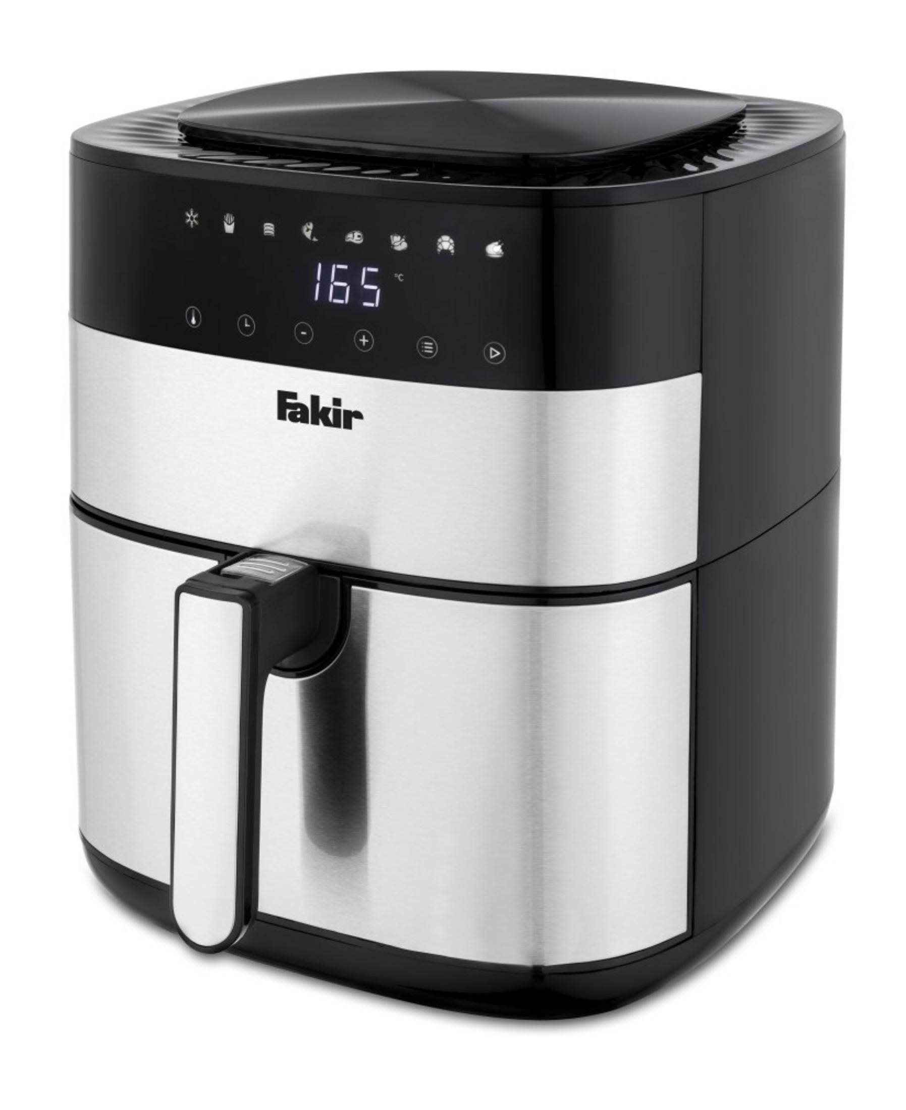 Una friggitrice ad aria Fakir nera e argento con display digitale.