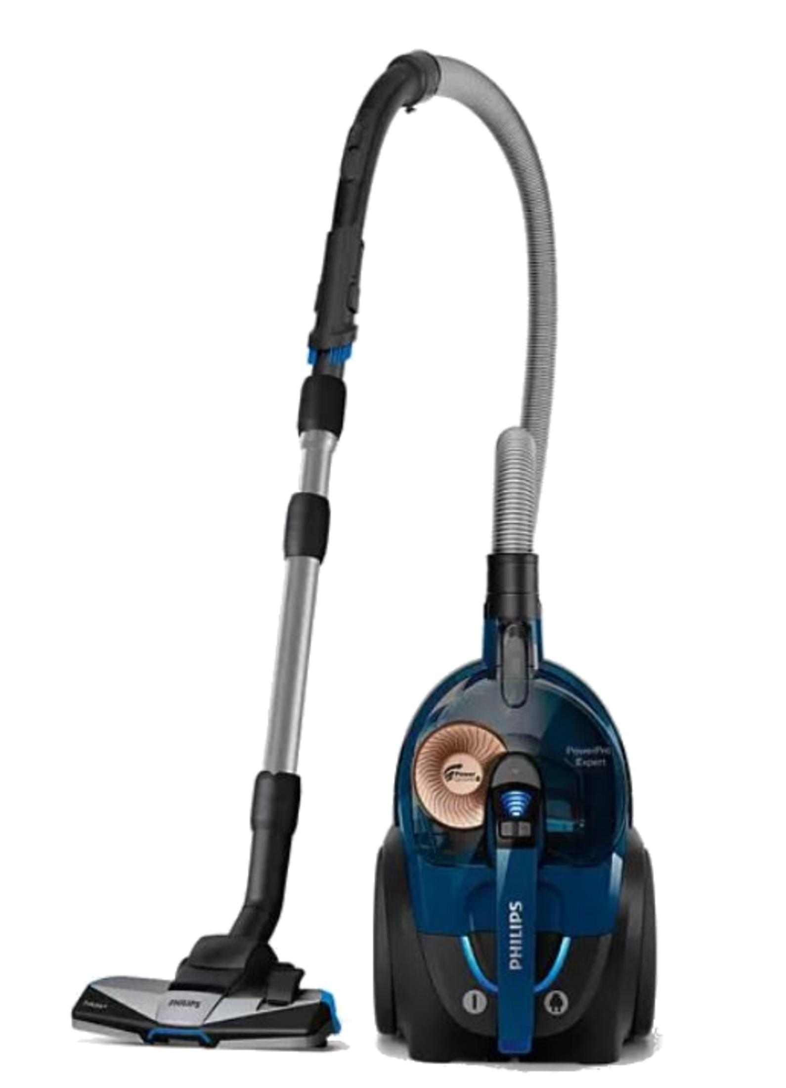Gümüş borulu ve siyah başlıklı mavi Philips elektrikli süpürge.