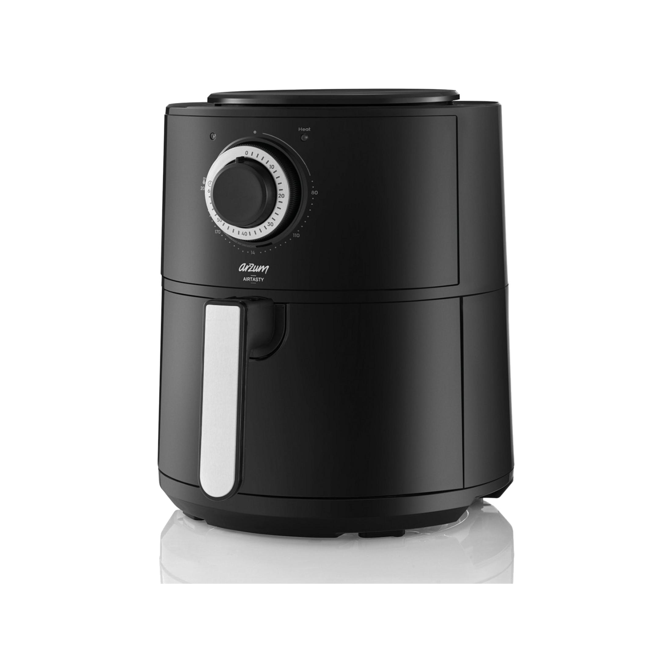 Czarna frytkownica beztłuszczowa z srebrnym uchwytem i pokrętłem temp.