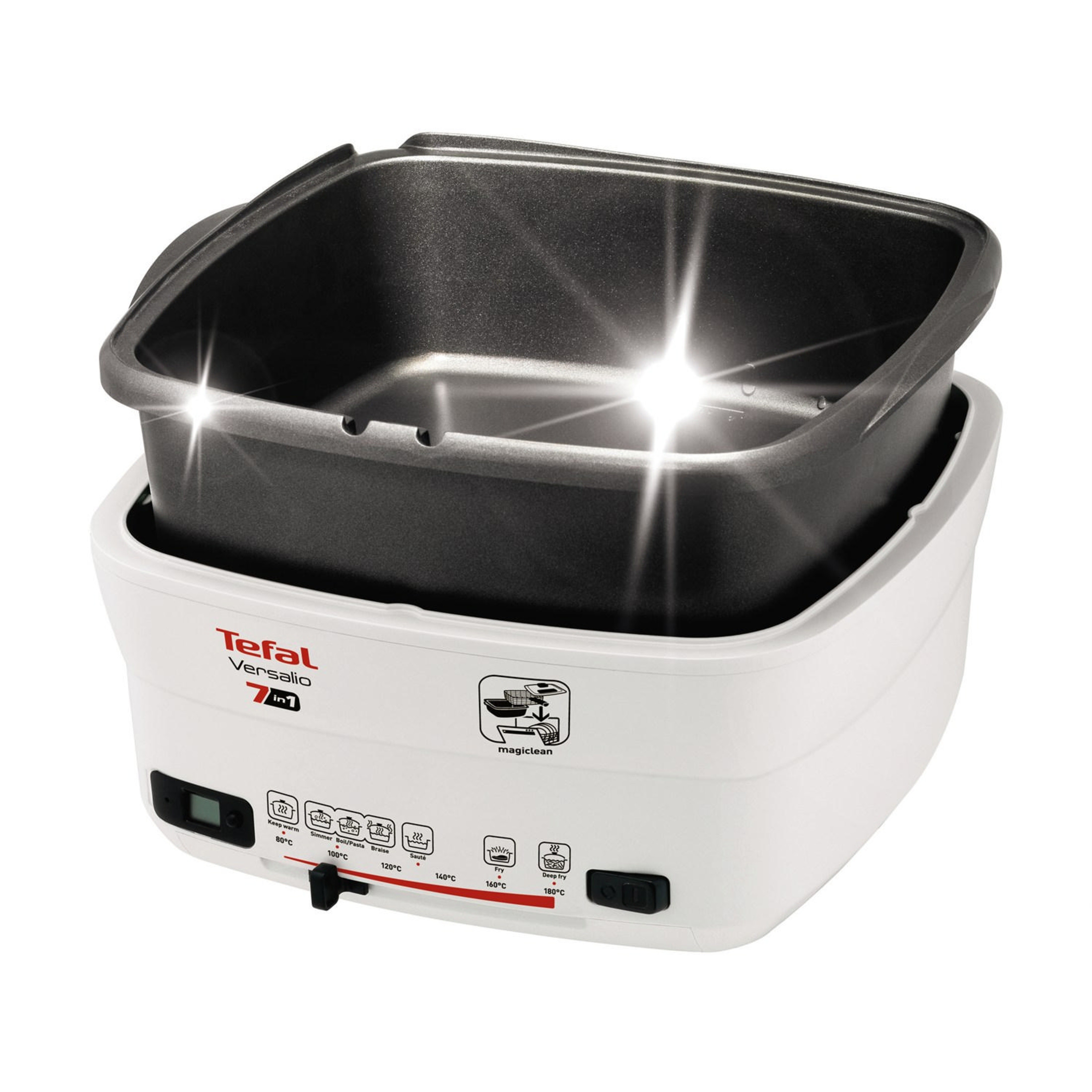 Biały multicooker Tefal Versalio 7 w 1 z czarną misą do gotowania.