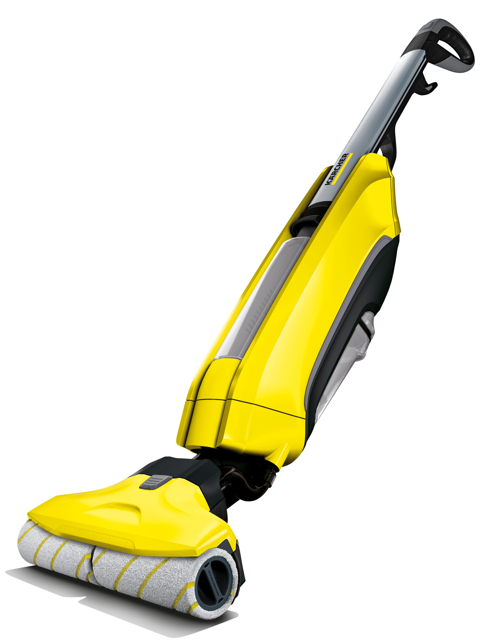 Un limpiador de suelos Karcher amarillo con dos rodillos y un asa.