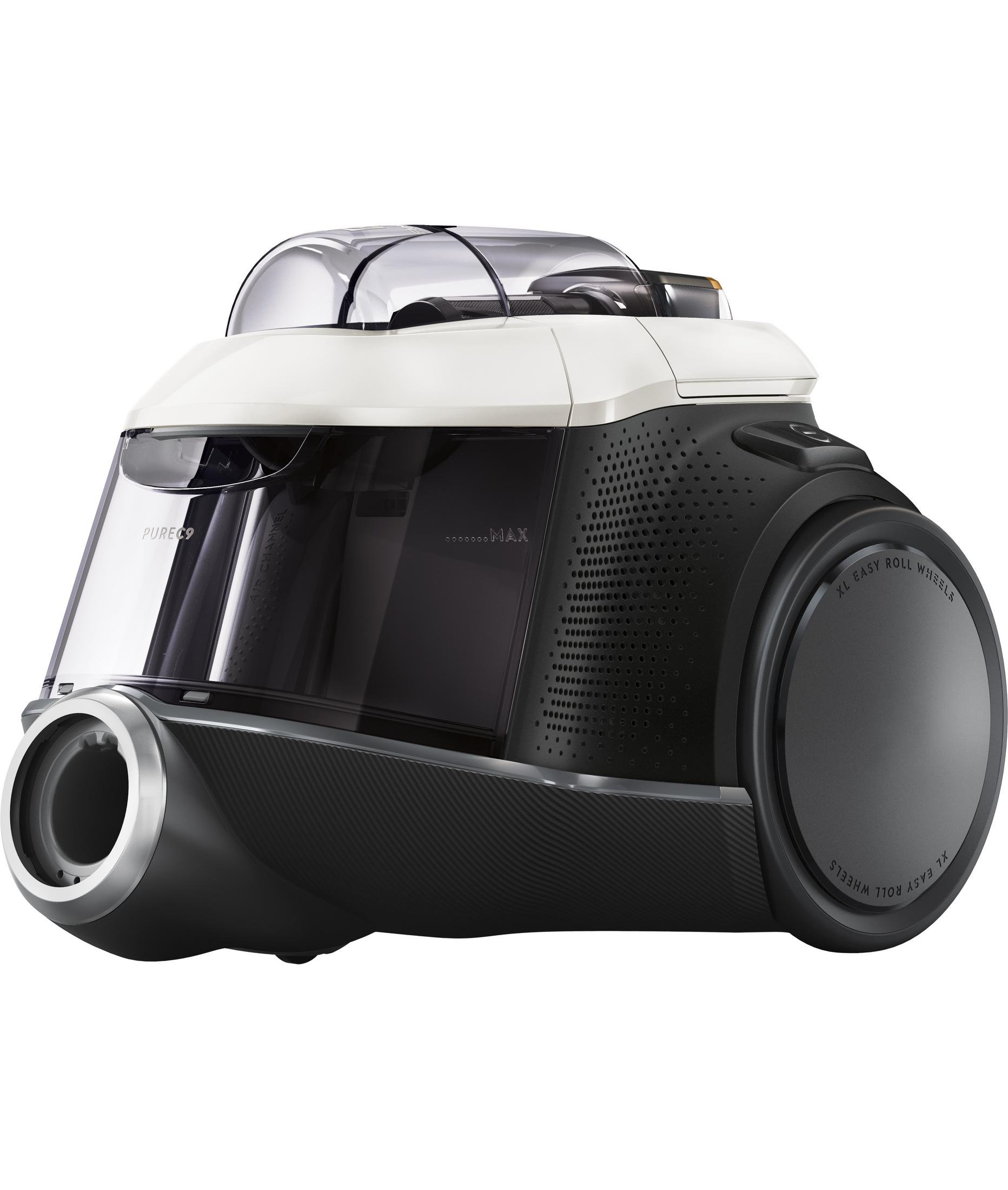 Nowoczesny czarno-biały odkurzacz z przezroczystym pojemnikiem i dużymi kołami.