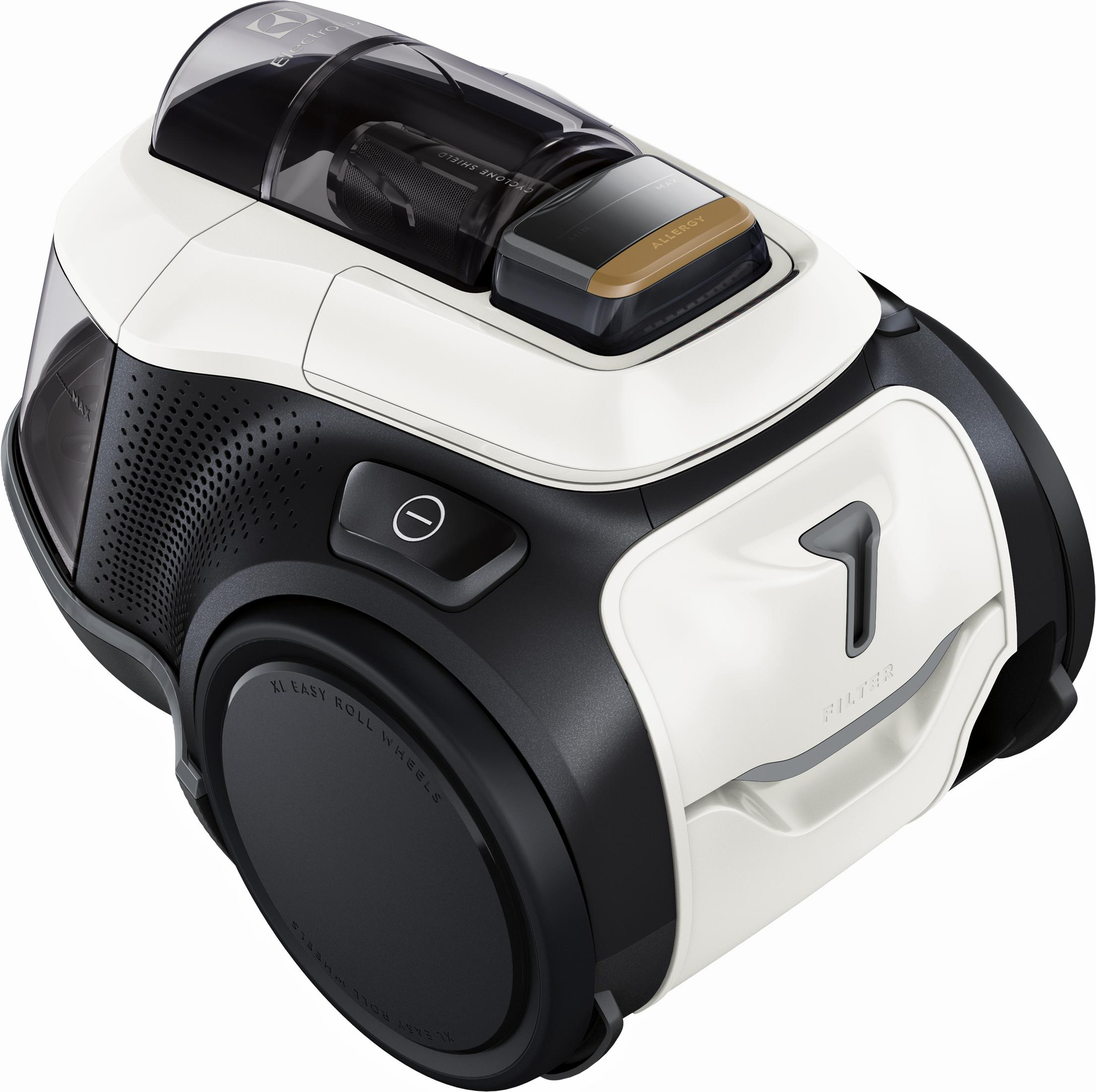 Biało-czarny odkurzacz z przezroczystym pojemnikiem i złotym akcentem.