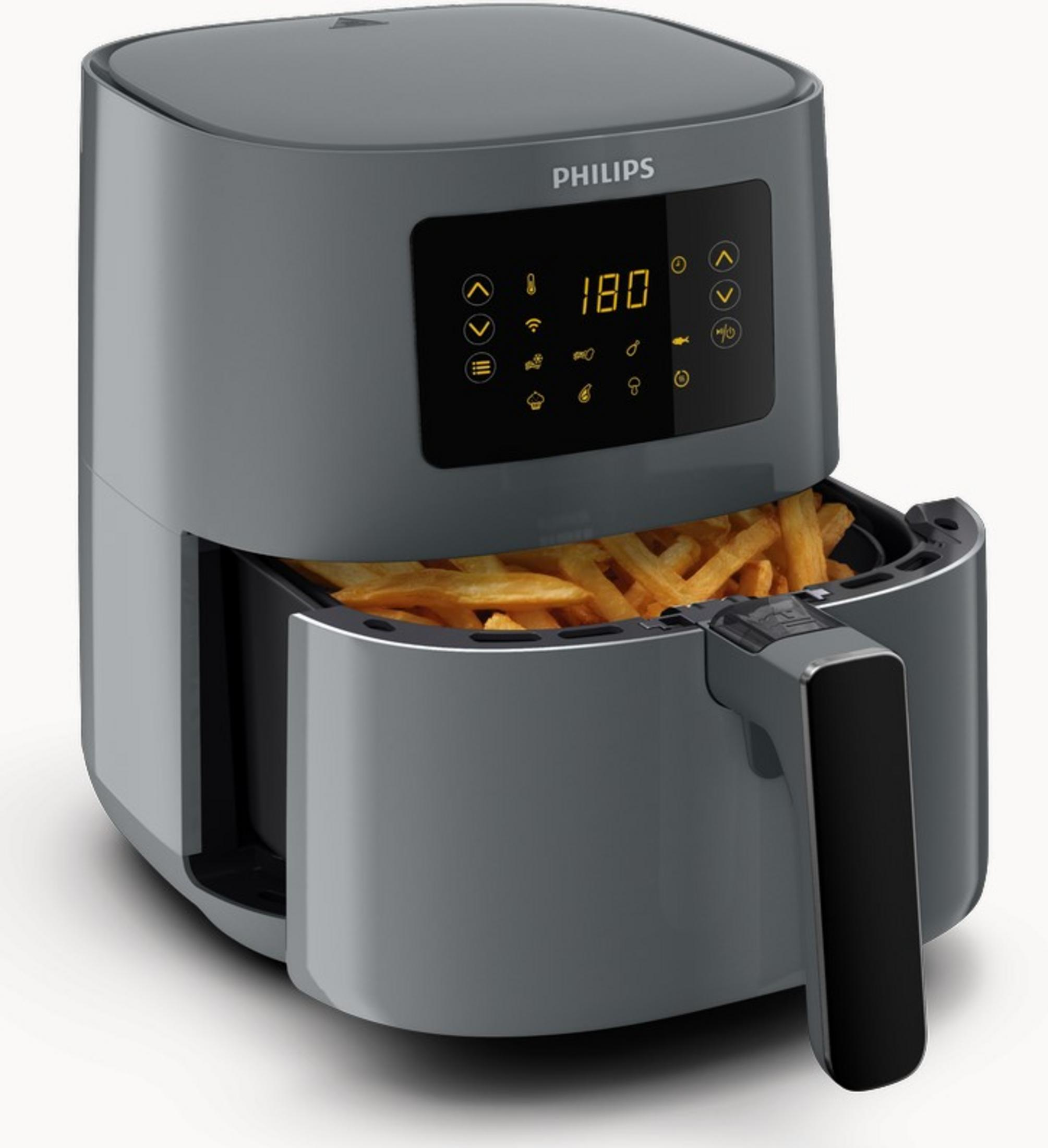 Szara frytkownica beztłuszczowa Philips z frytkami i cyfrowym wyświetlaczem.