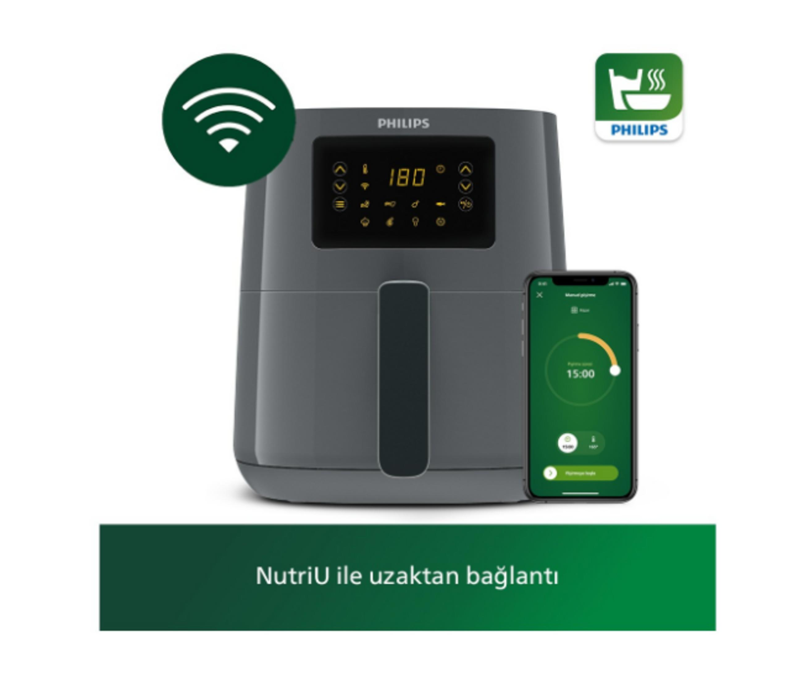 Szara frytkownica Philips z symbolem Wi-Fi i aplikacją na smartfona.