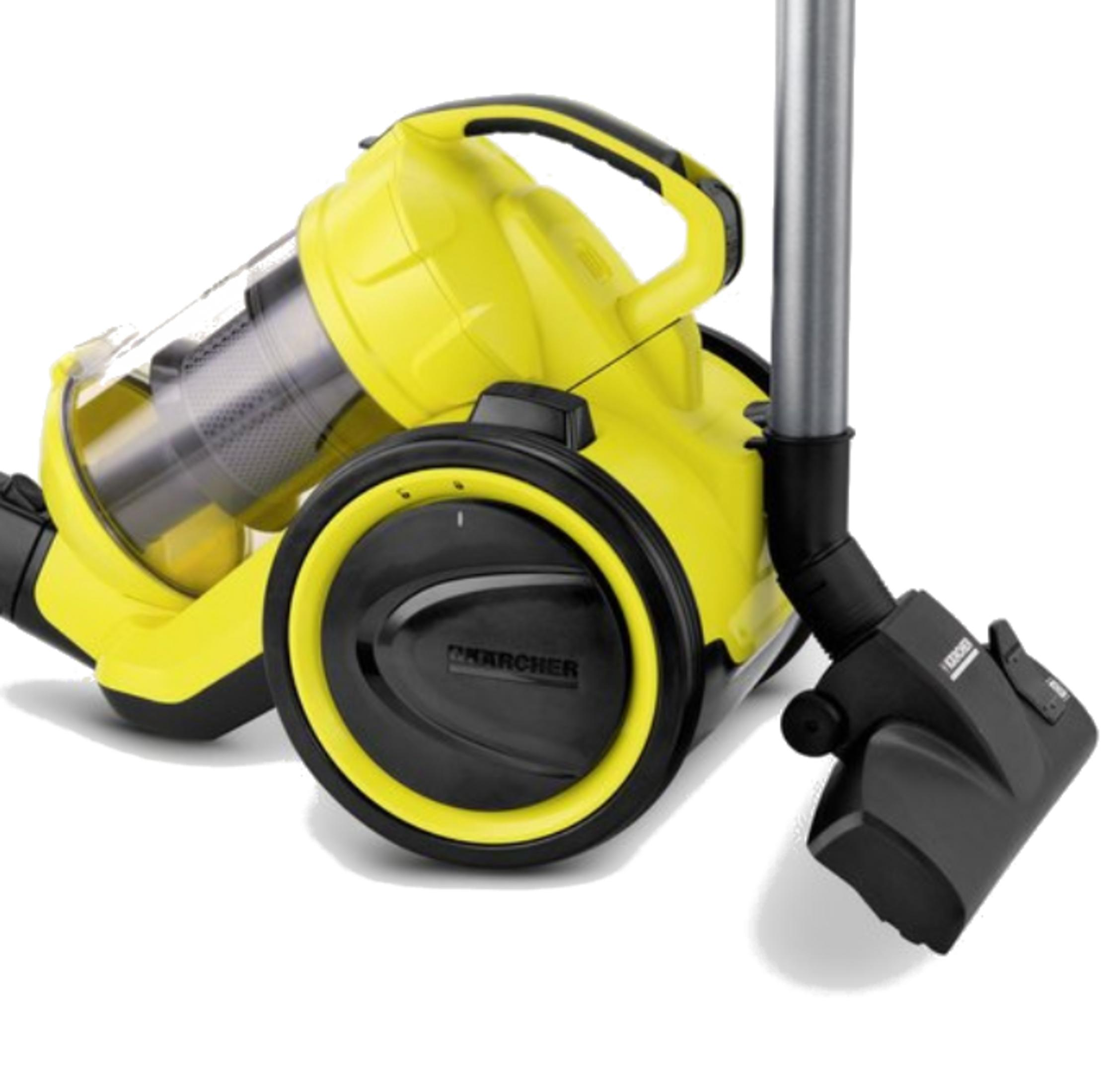 Un aspirapolvere Karcher giallo con manico e spazzola neri.