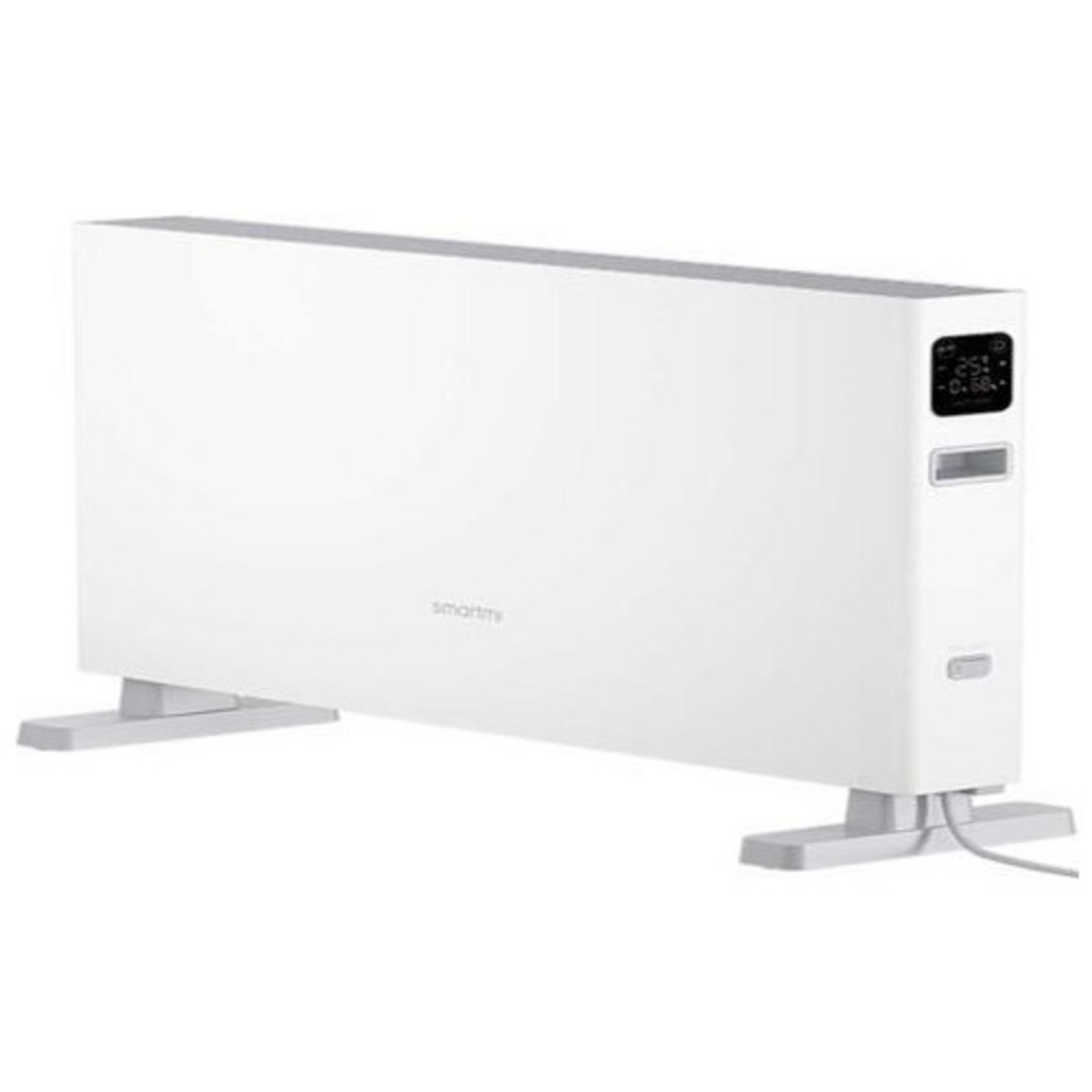 Biały grzejnik elektryczny z cyfrowym wyświetlaczem i nóżkami.