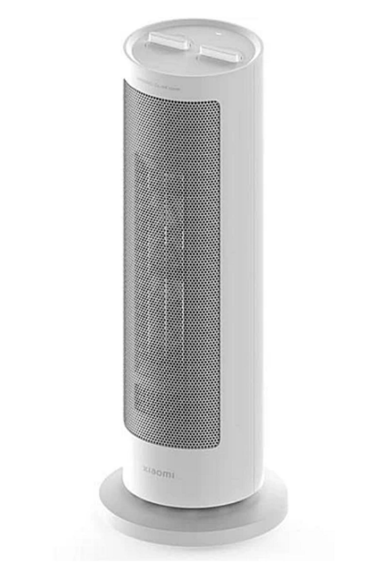 Biały wentylator wieżowy z siatkowym frontem i sterowaniem na górze.