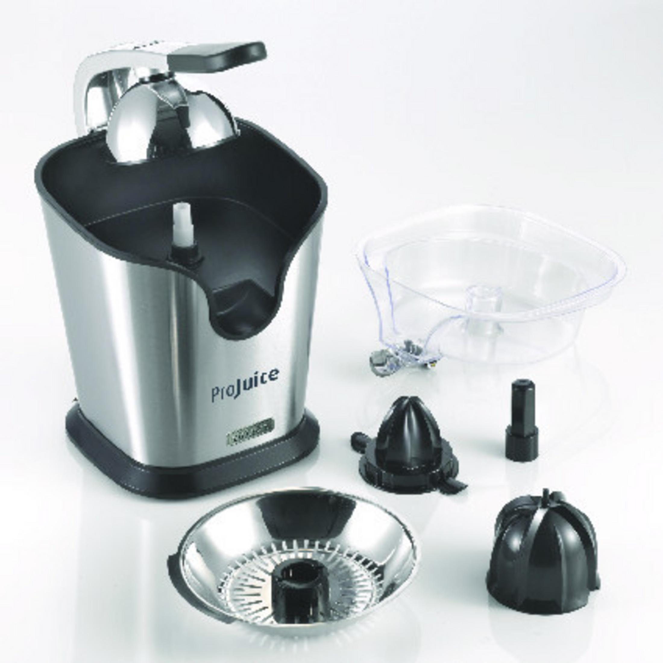 Exprimidor de cítricos de acero inoxidable con accesorios, incluyendo conos y recogedor.