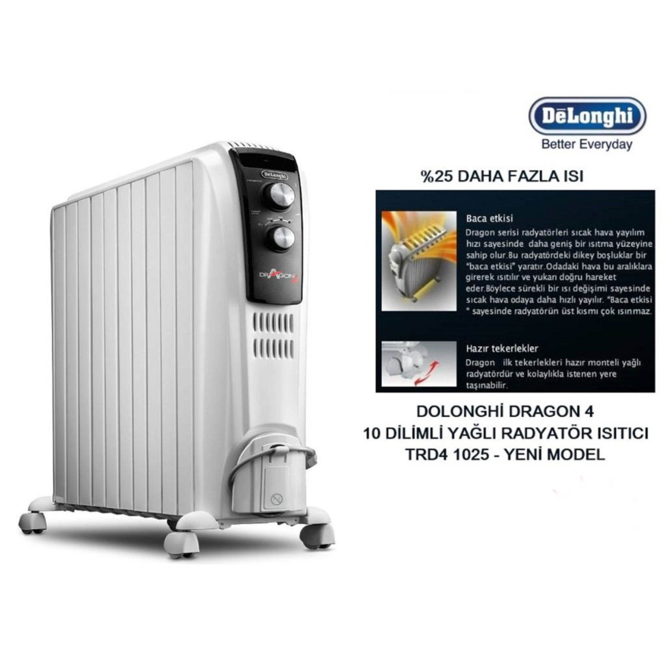 Tekerlekli beyaz DeLonghi 10 dilimli yağlı radyatör. Detaylı görseller özelliklerini gösterir.