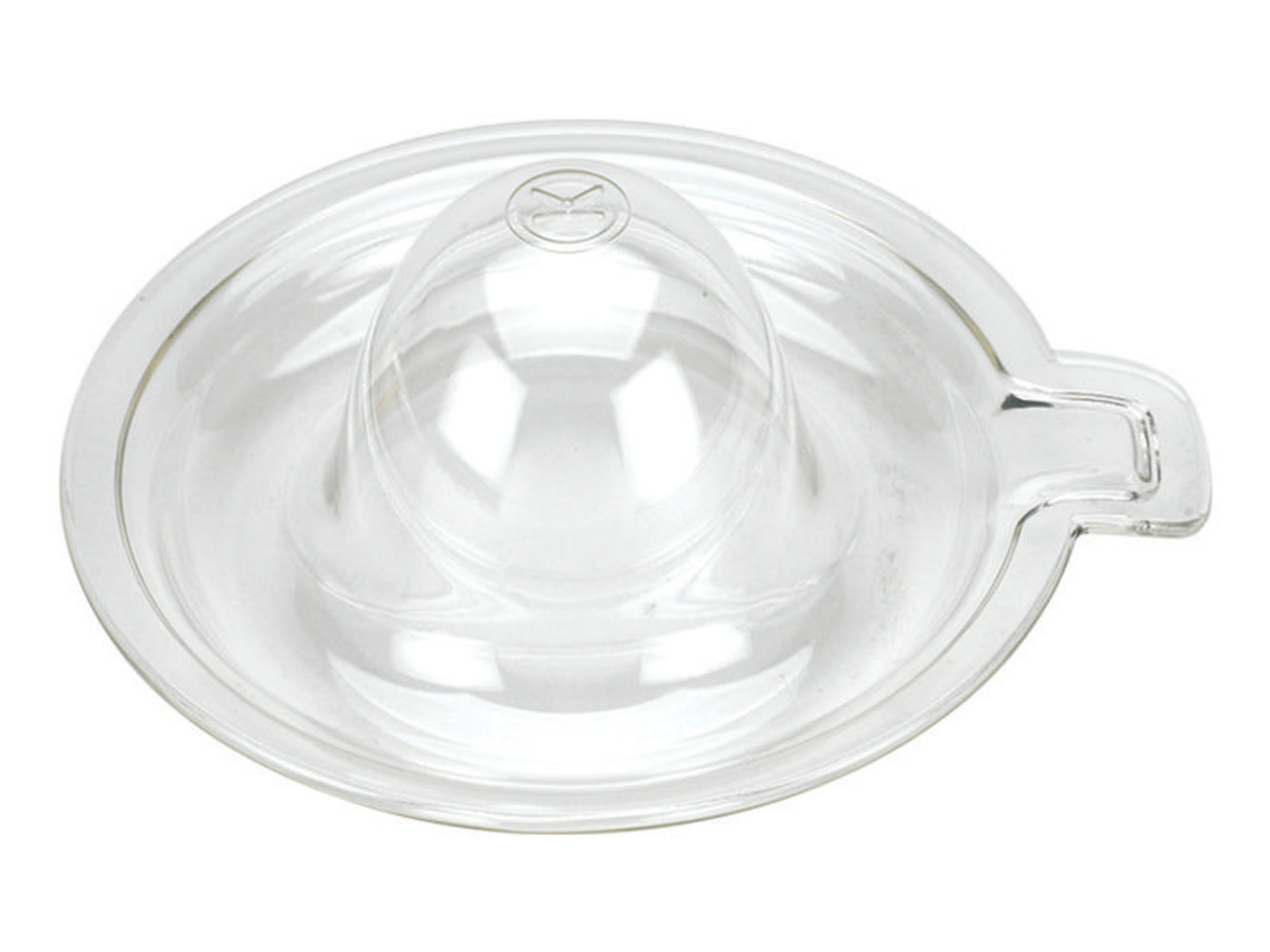 Ein transparenter Glasdeckel mit einem erhöhten, kuppelförmigen Mittelteil und einem Griff.