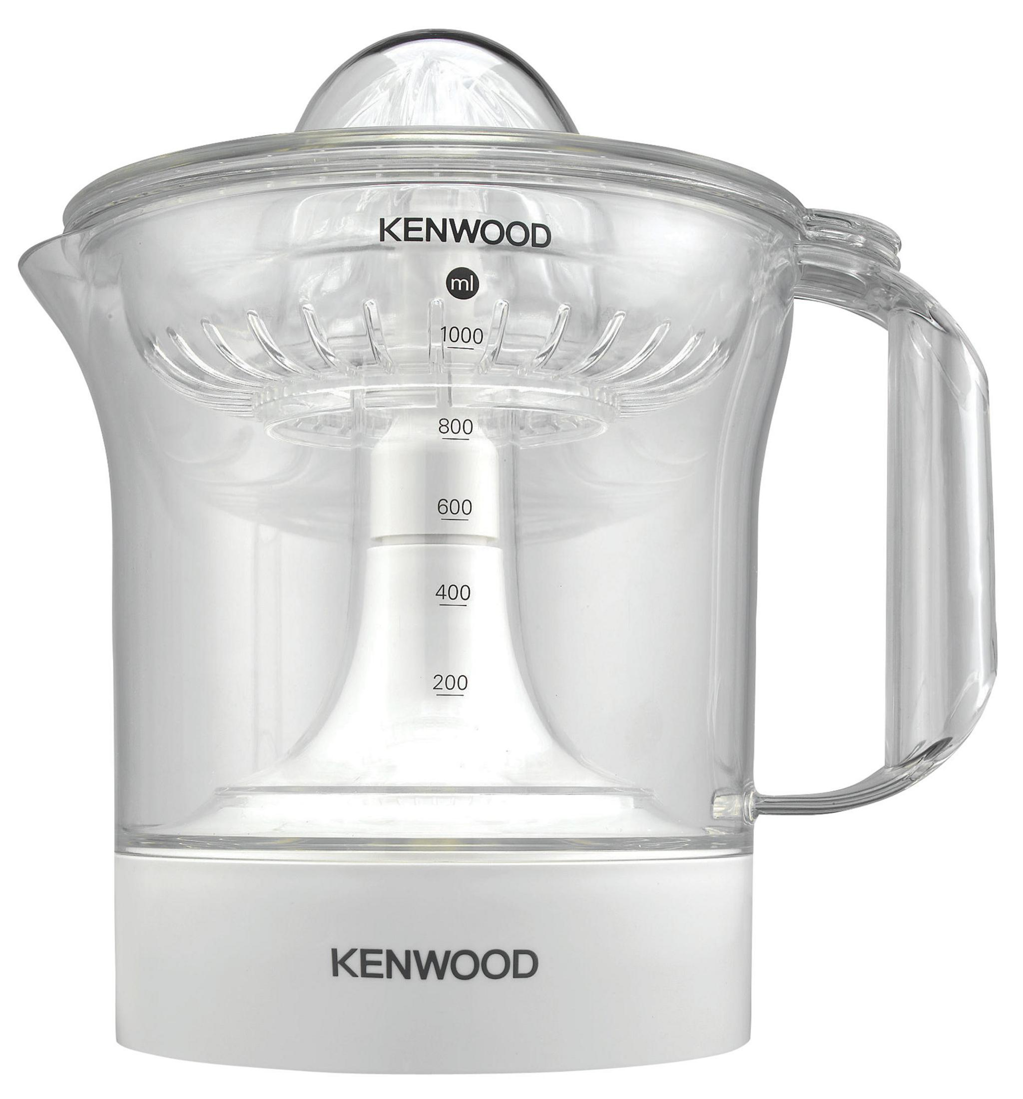 Ein weißer Kenwood Entsafter mit transparentem Behälter und Messskala.