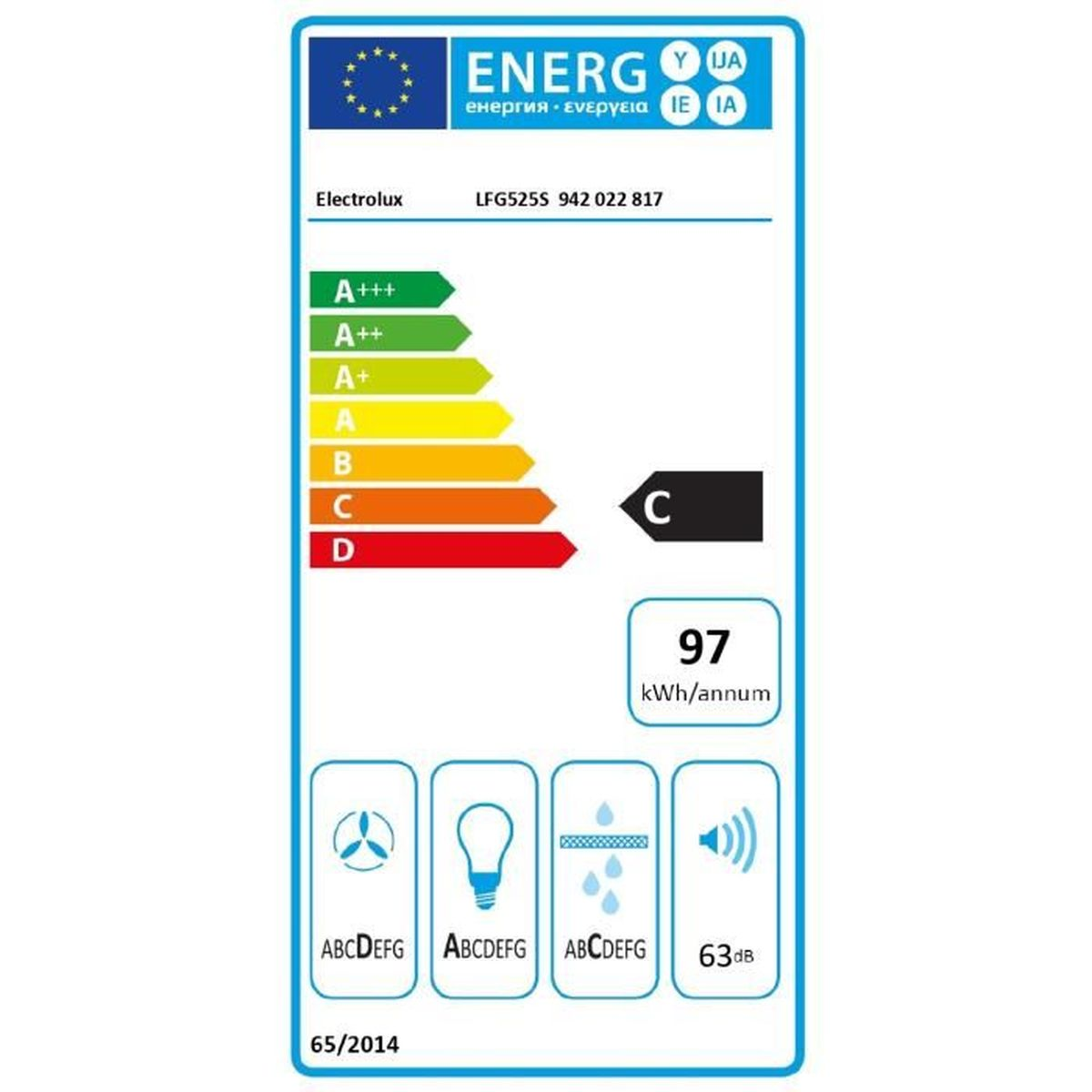 Energielabel für Electrolux LFG525S, Energieeffizienz C, 97 kWh/Jahr.