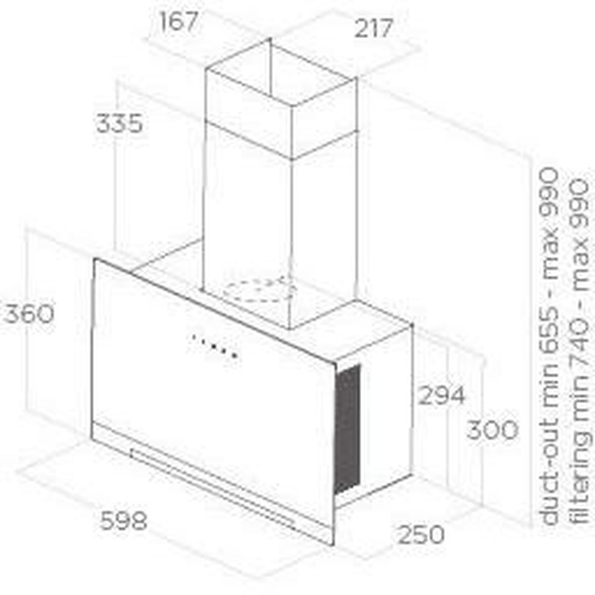 Dibujo técnico de una campana extractora con dimensiones.
