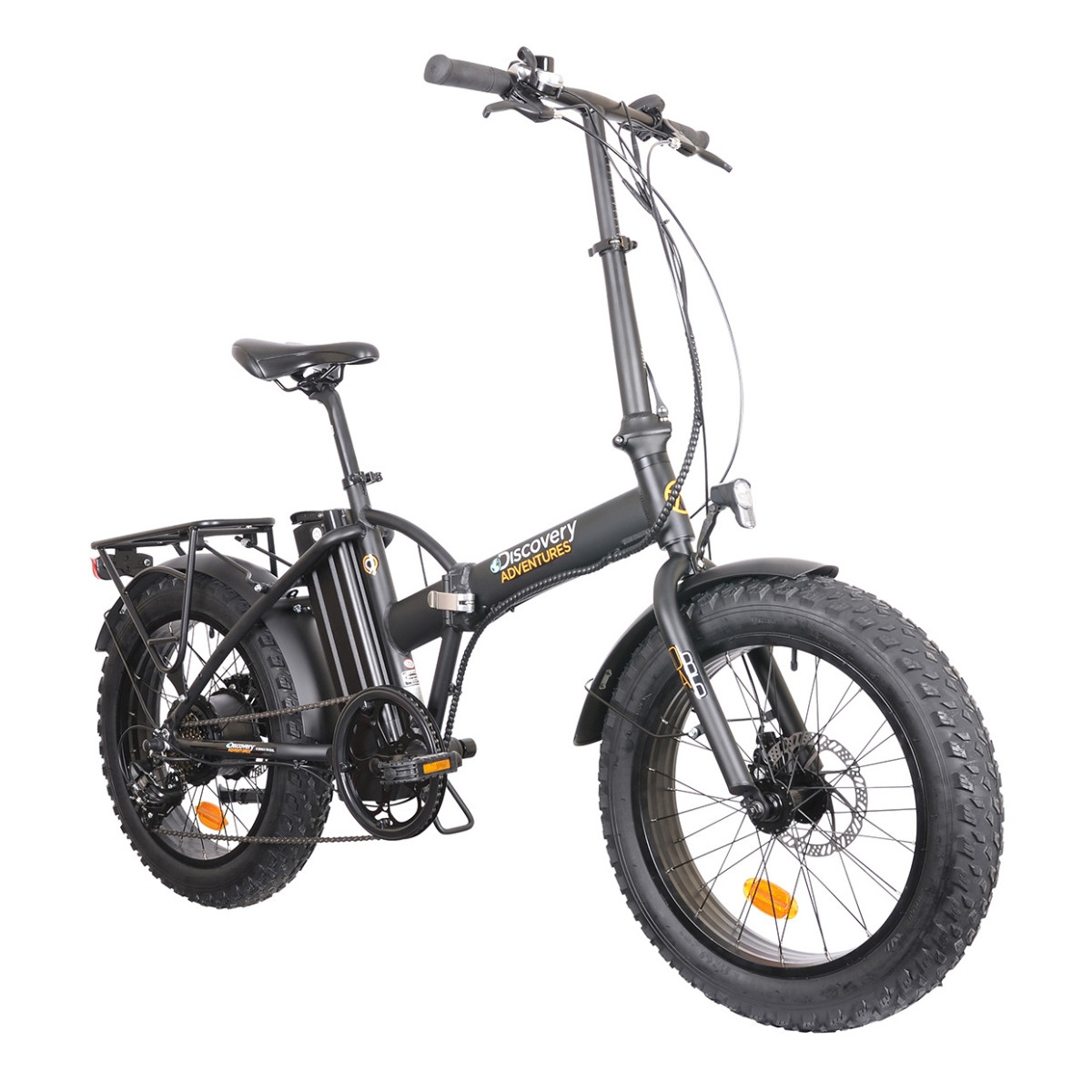 Czarny składany rower elektryczny z grubymi oponami i bagażnikiem.