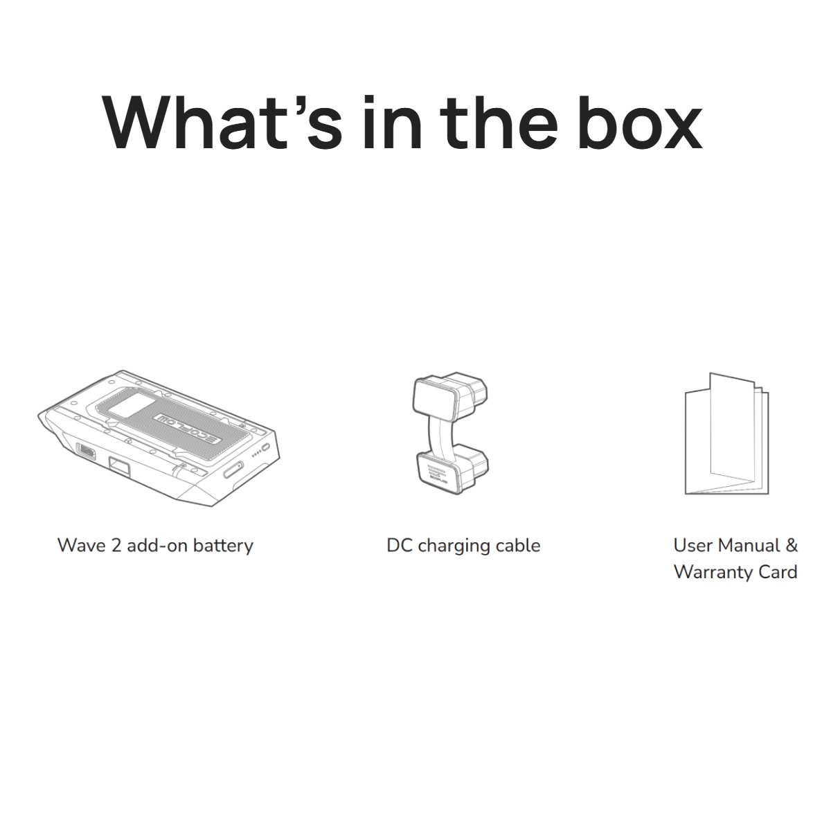 Ilustracja dodatkowej baterii Wave 2, kabla ładowania DC i instrukcji obsługi.