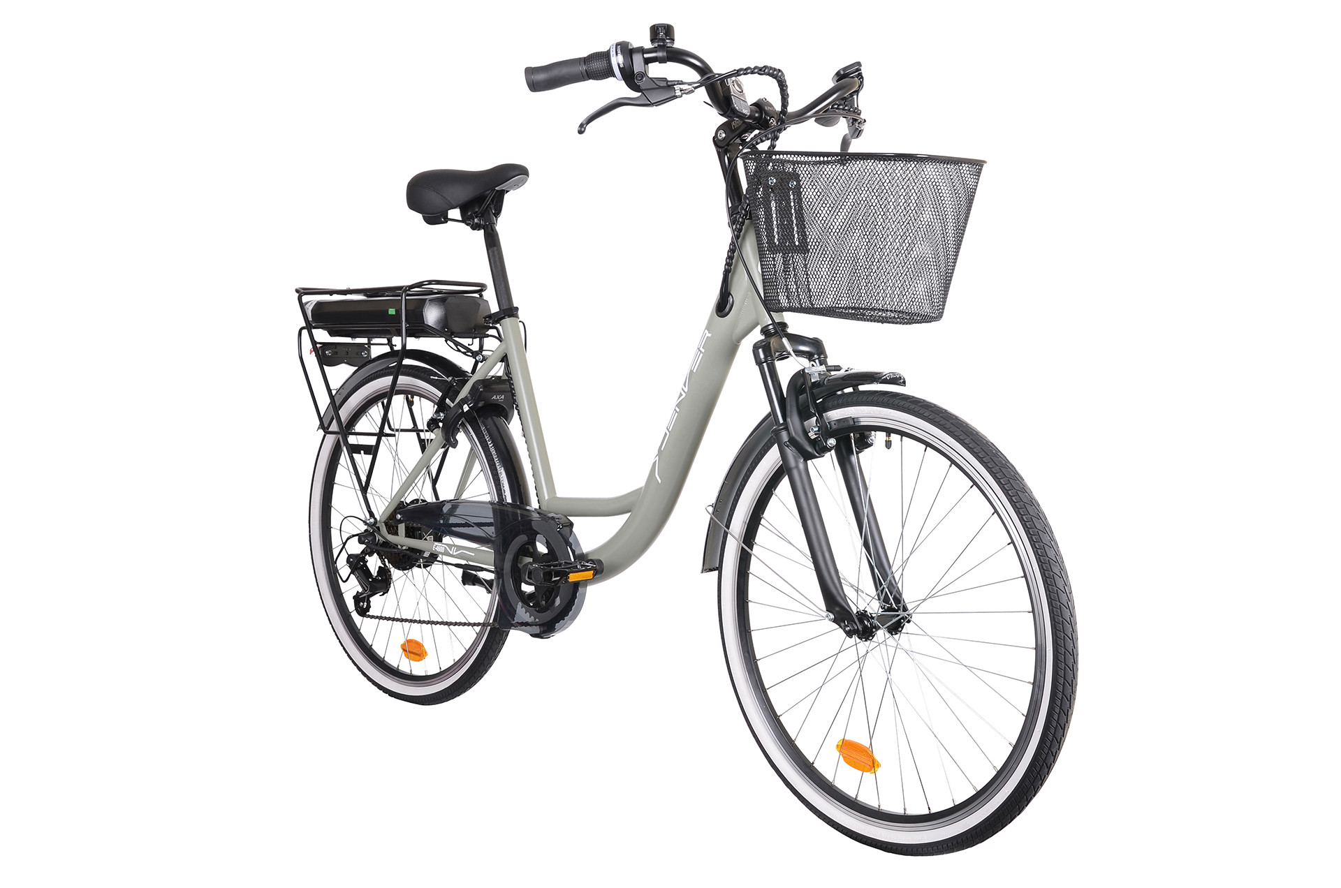 Pokazano szary rower elektryczny z koszykiem, bagażnikiem i baterią.