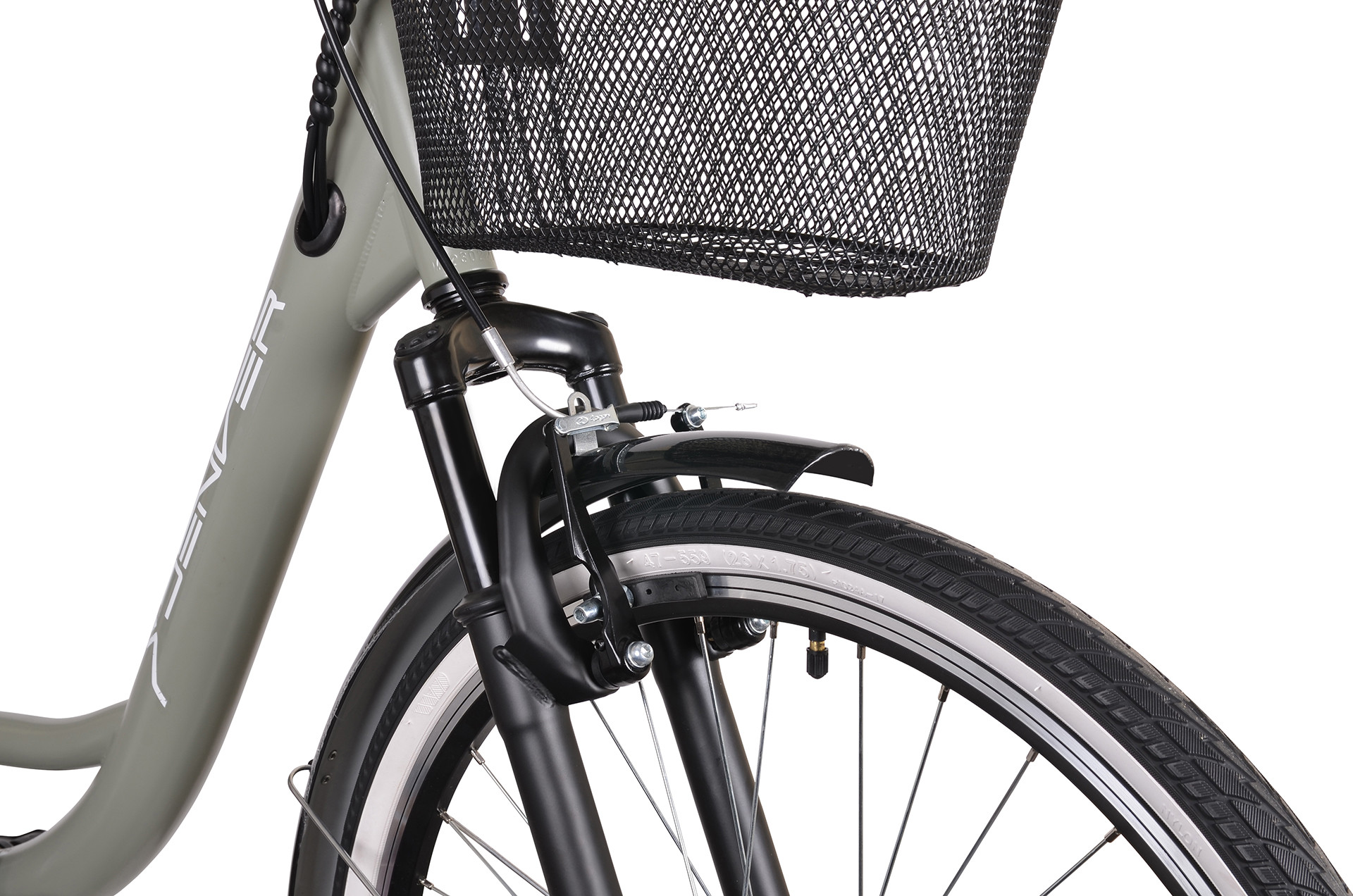 Szary rower z czarnym koszykiem, przednim kołem i błotnikiem.