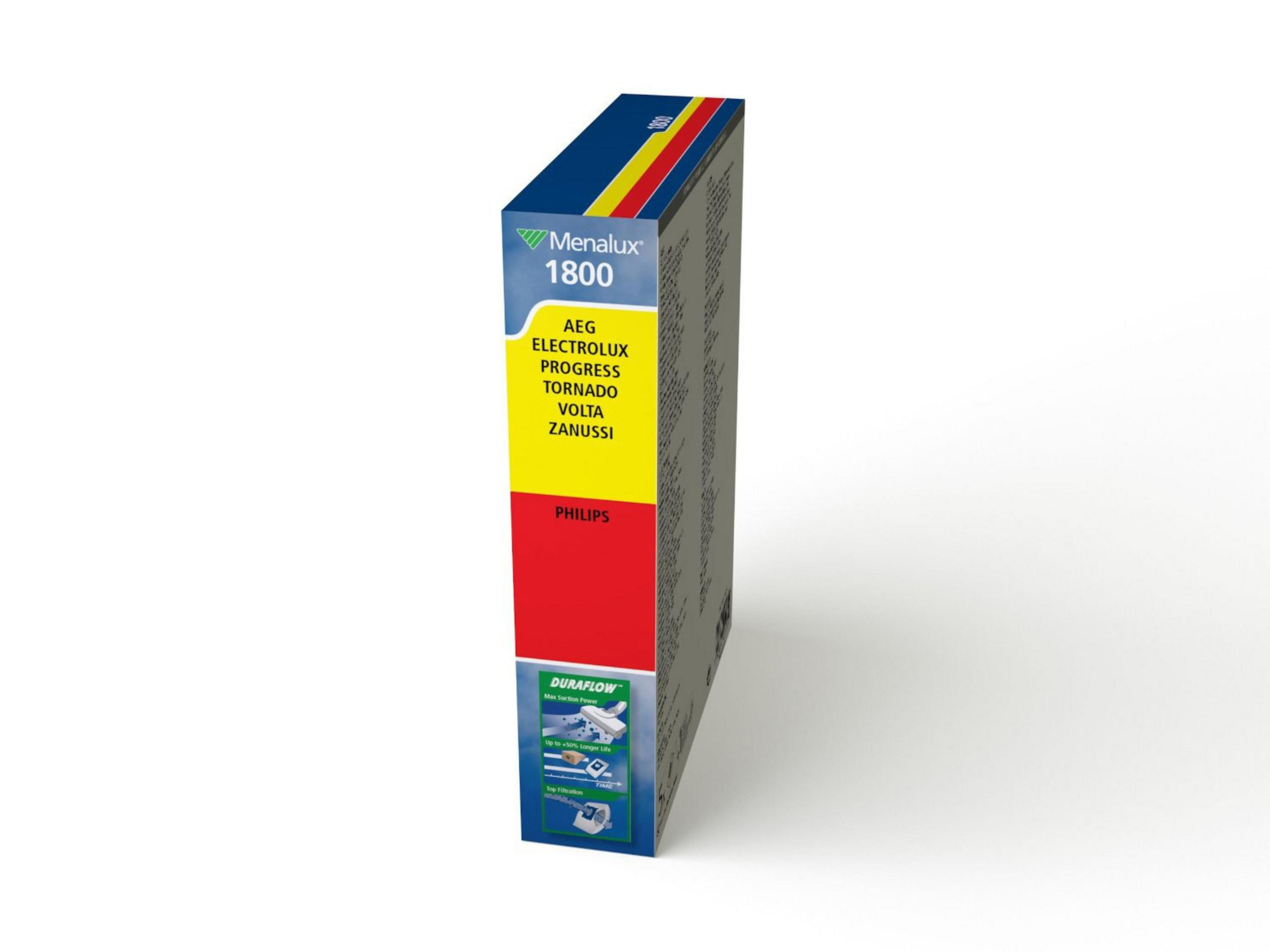 Verpackung für Menalux 1800 Staubsaugerbeutel mit Markenlogos.