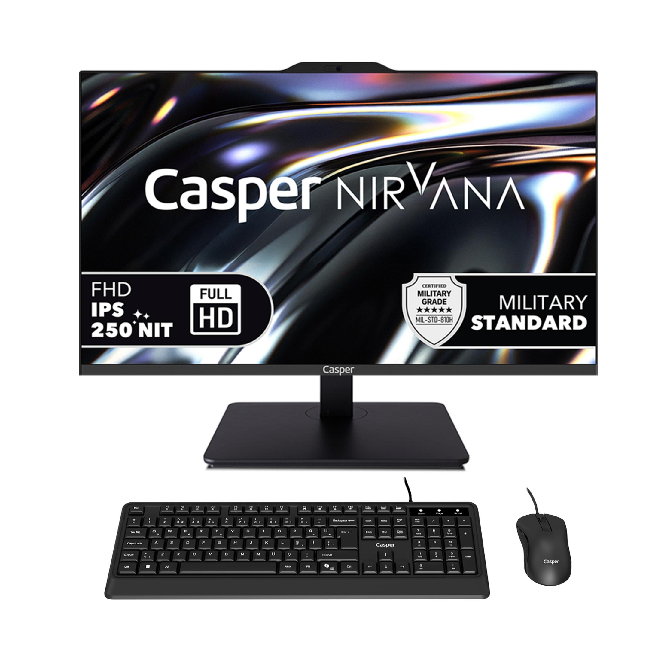 Klavye ve fareli siyah Casper Nirvana monitörü.