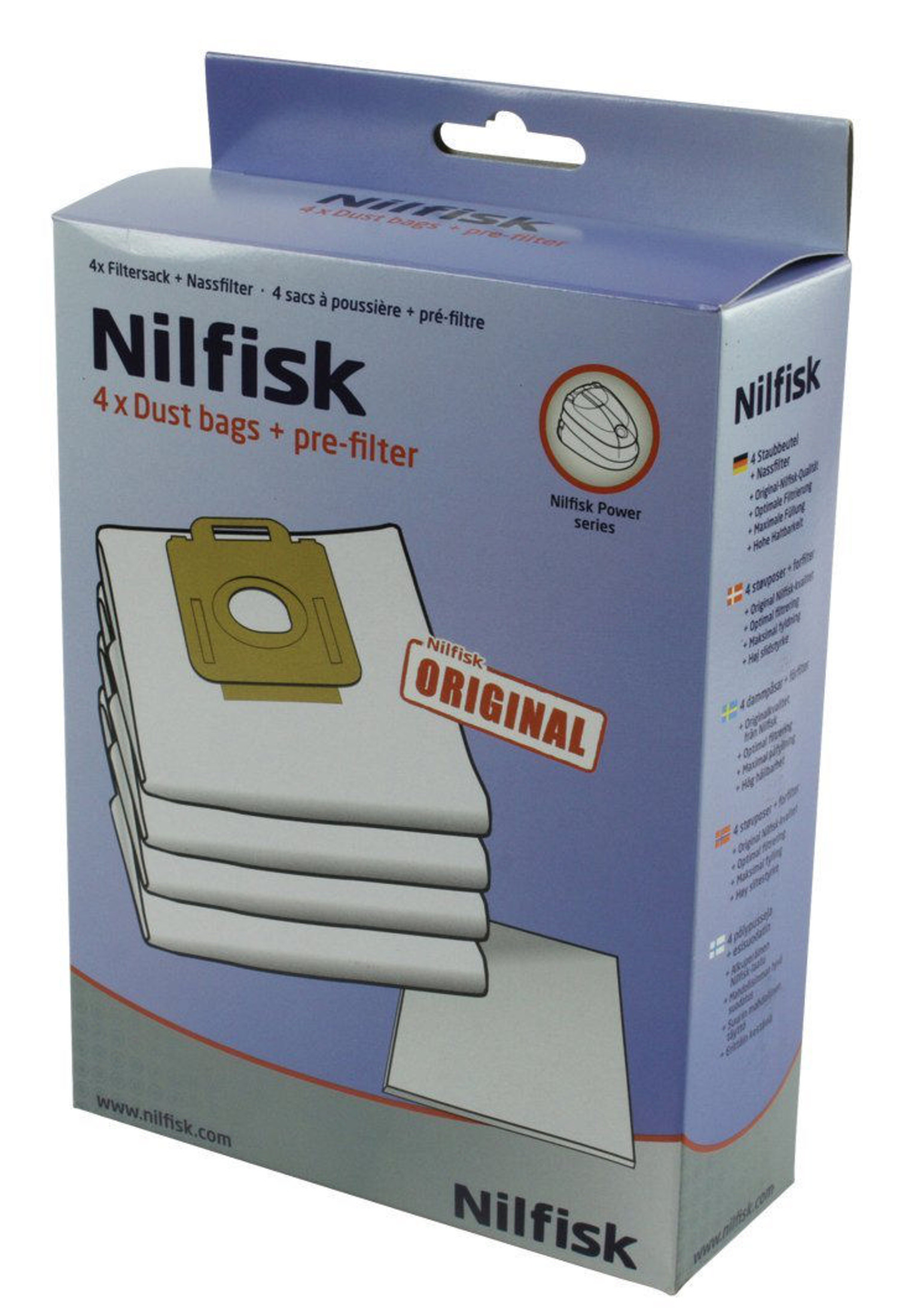 Nilfisk Staubbeutel und Vorfilter-Verpackung mit Abbildung der weißen Beutel.