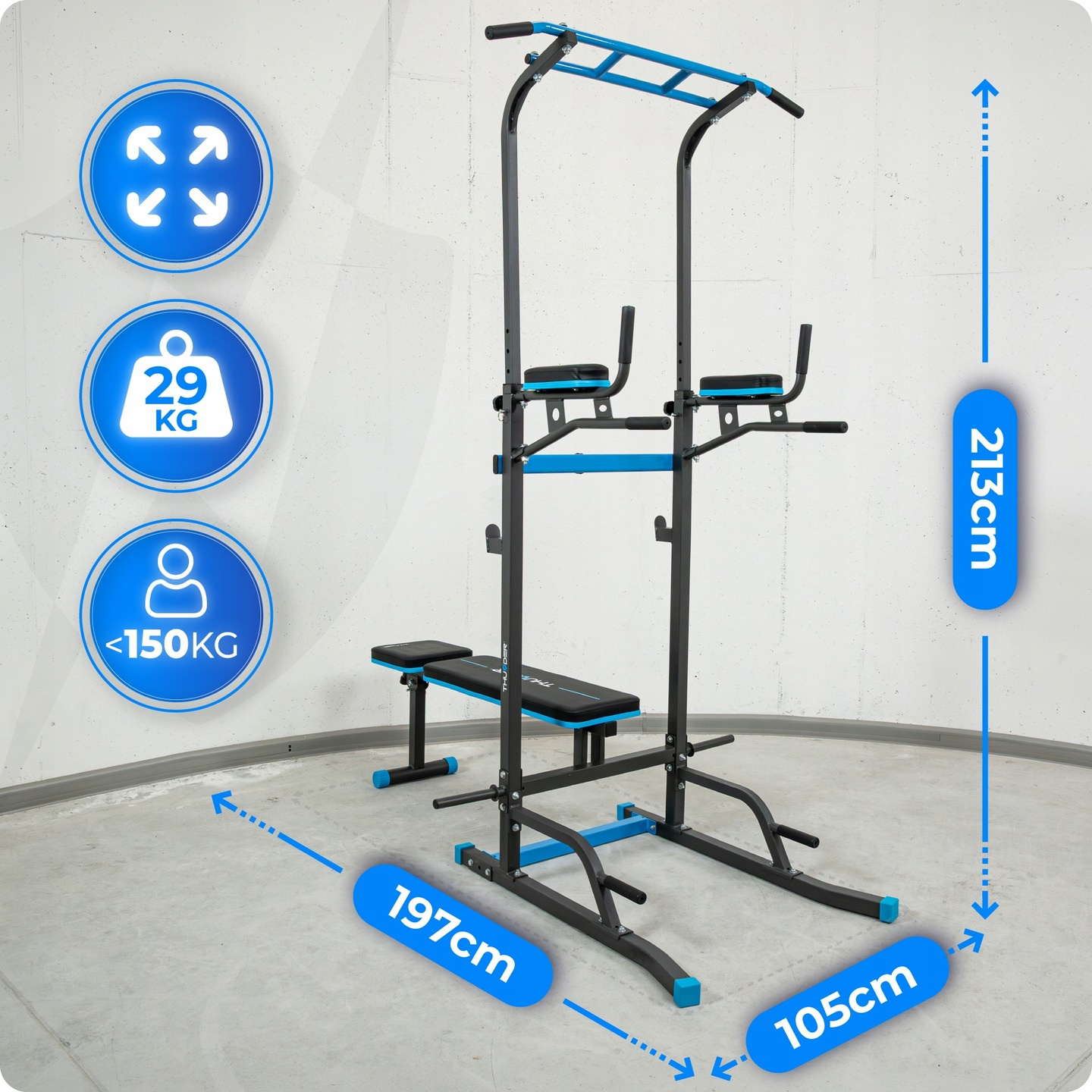 Fitnessstation mit Klimmzugstange, Dip-Station, Bank. Maße: 213x197x105cm.