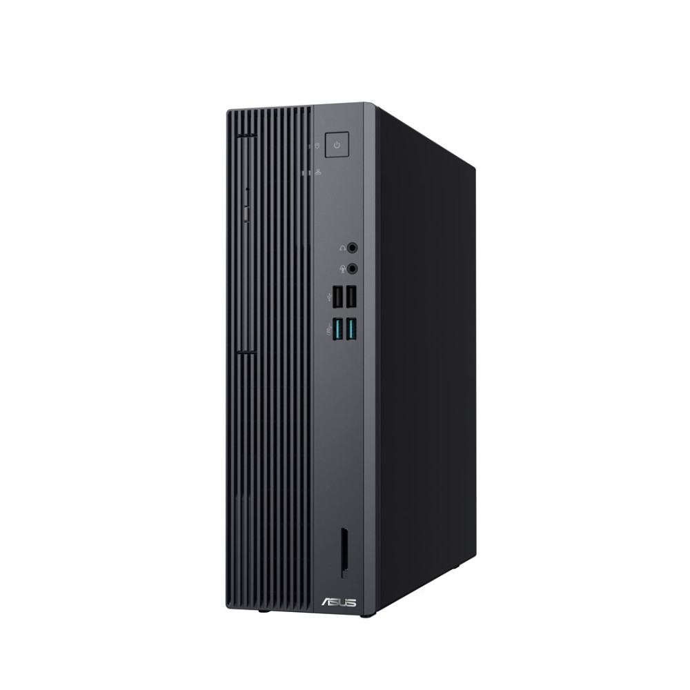 Un computer desktop Asus nero con prese d'aria verticali e porte sul pannello anteriore.